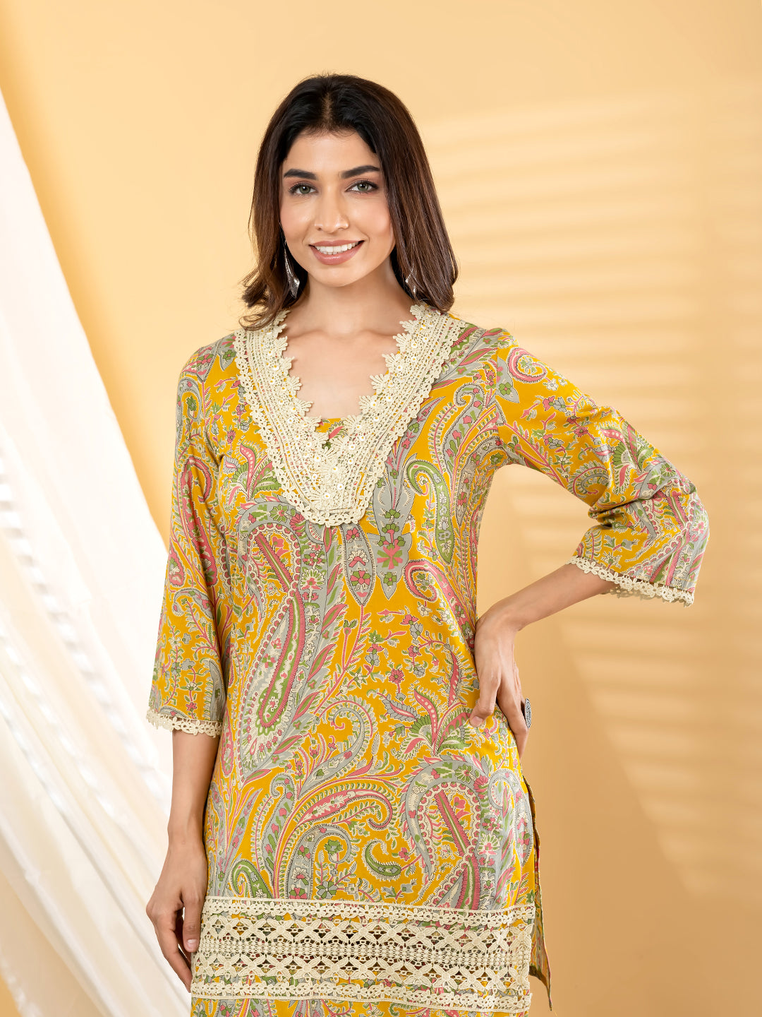 Zaria Paisley Lace Kurta Pant Set – Sunlit Mustard