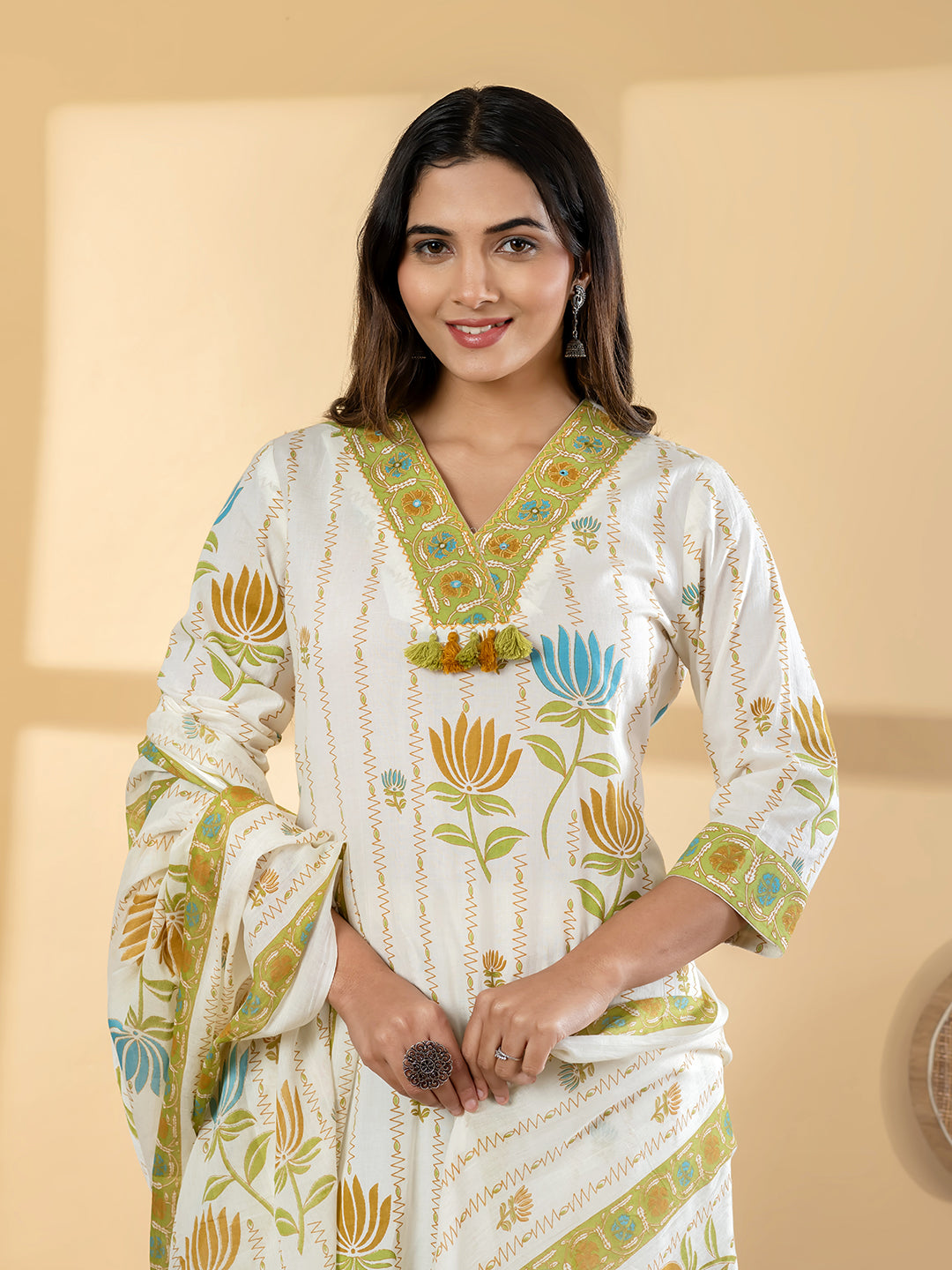 TAVISHA FLORAL PRINTED 3PC SET - IVORY GREEN