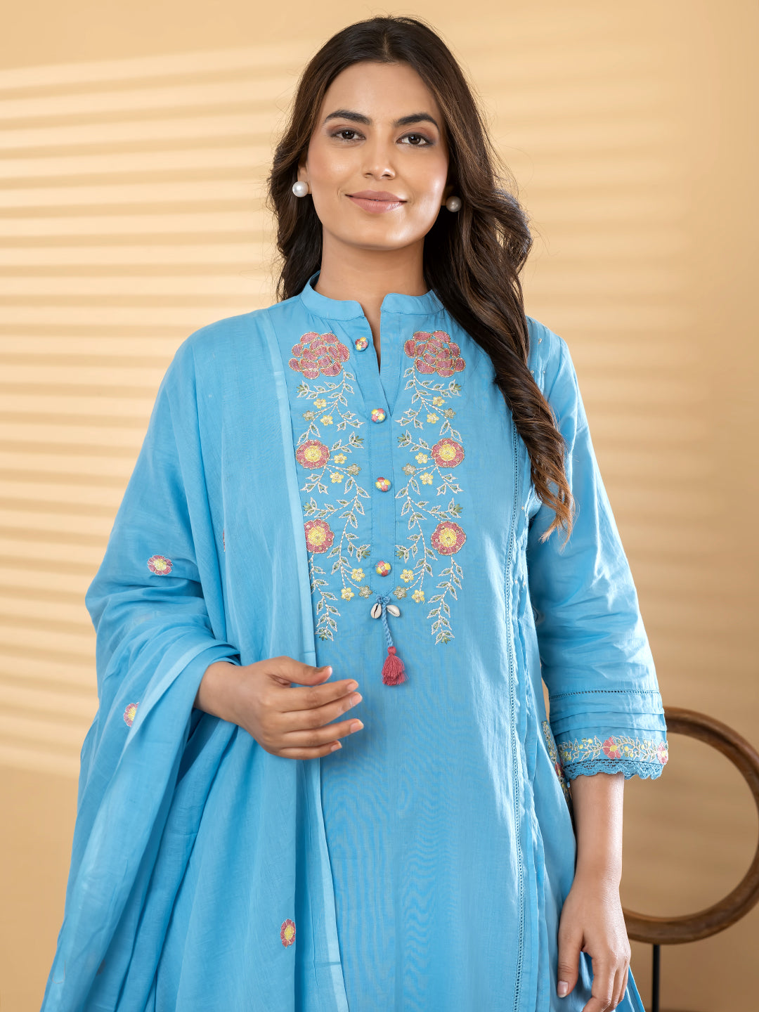 ZARIA FLORAL EMBROIDERED 3PC SET - SKY BLUE