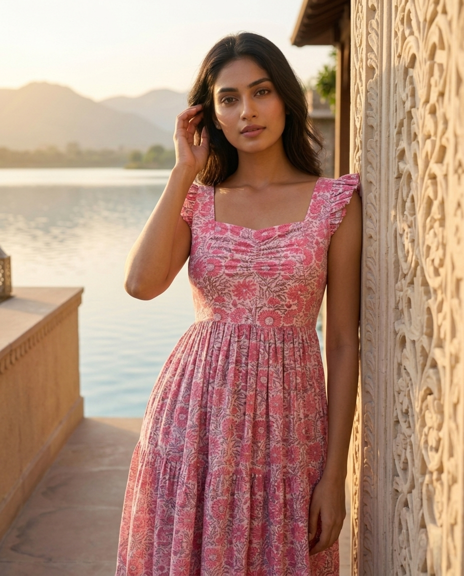 FRILL FLARE COTTON  PINK DRESS (HANDBLOCK)