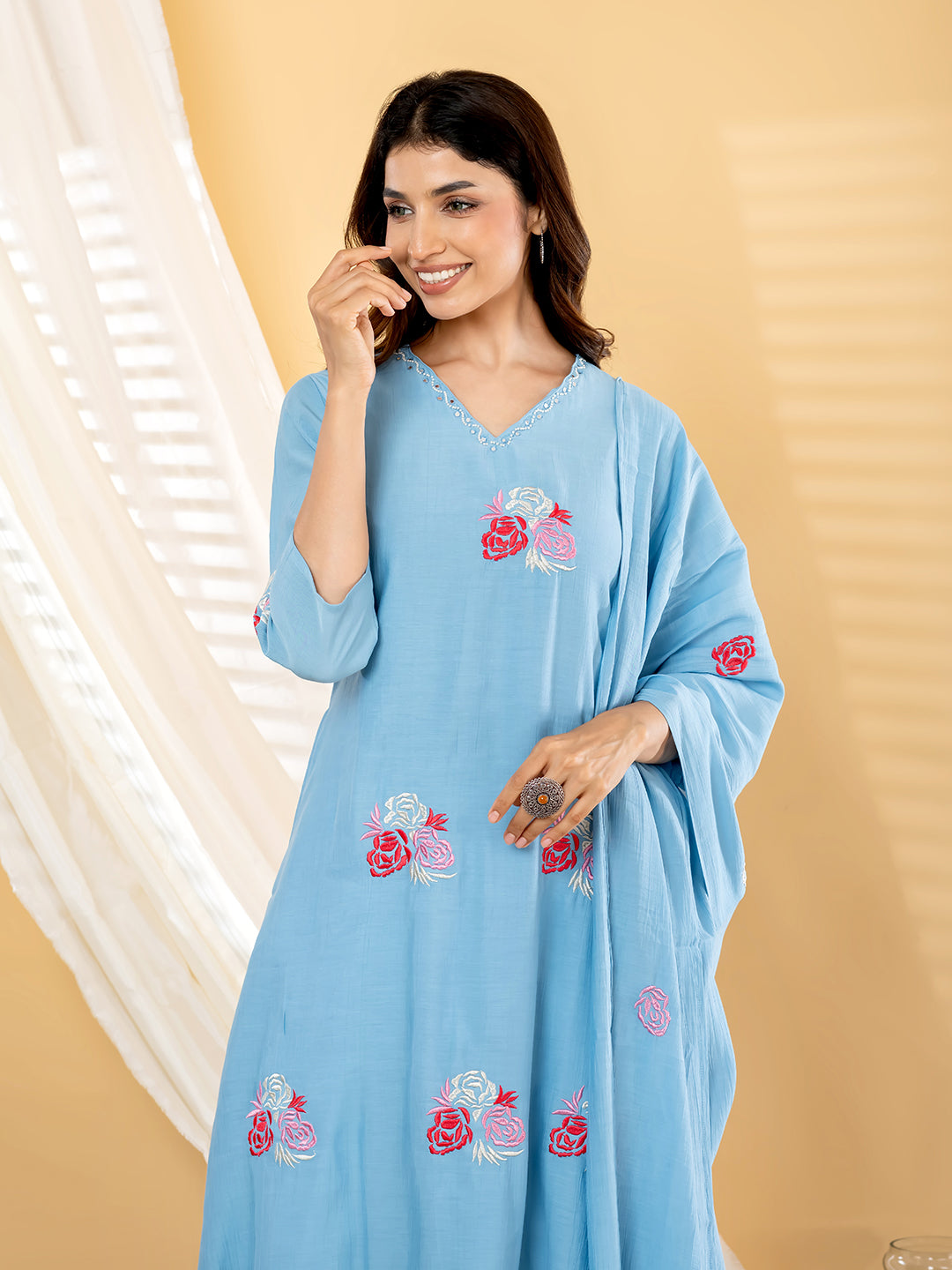 Rosalie Bloom Embroidered 3Pc Set – Powder Blue