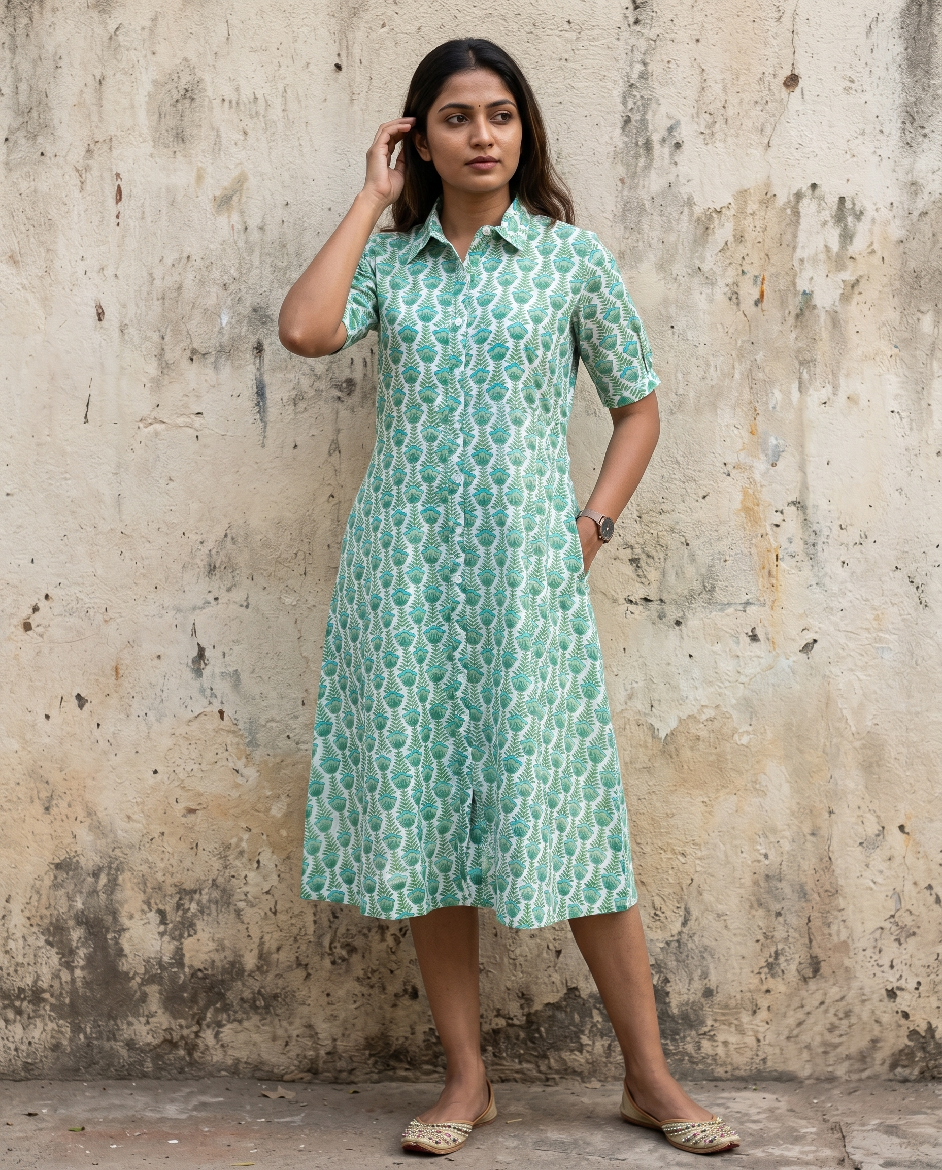 GREEN COLLAR BELT DRESS (HANDBLOCK)
