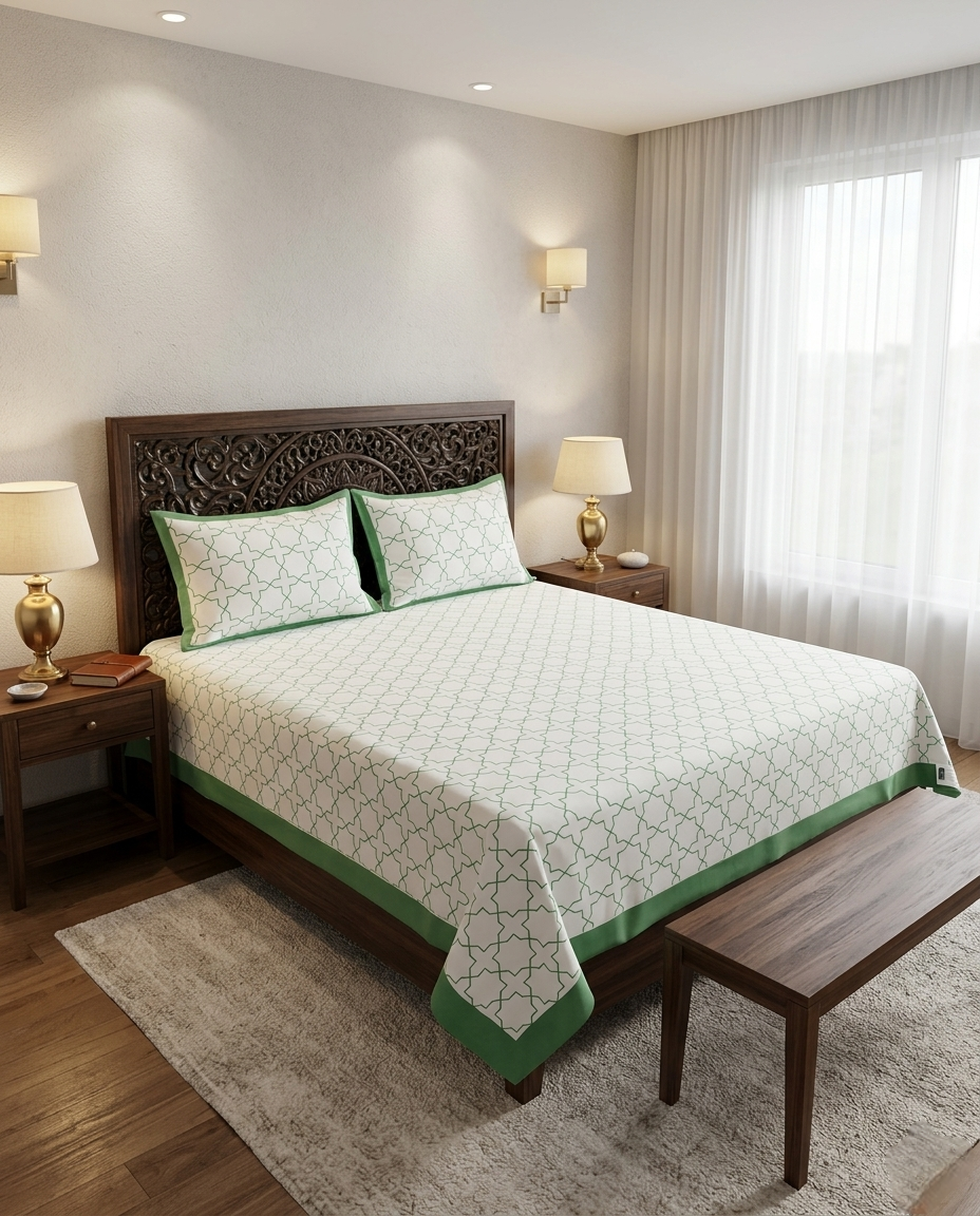 OLIVE GRID LUXE HAND BLOCK BEDSHEET(PREMIUM COTTON)