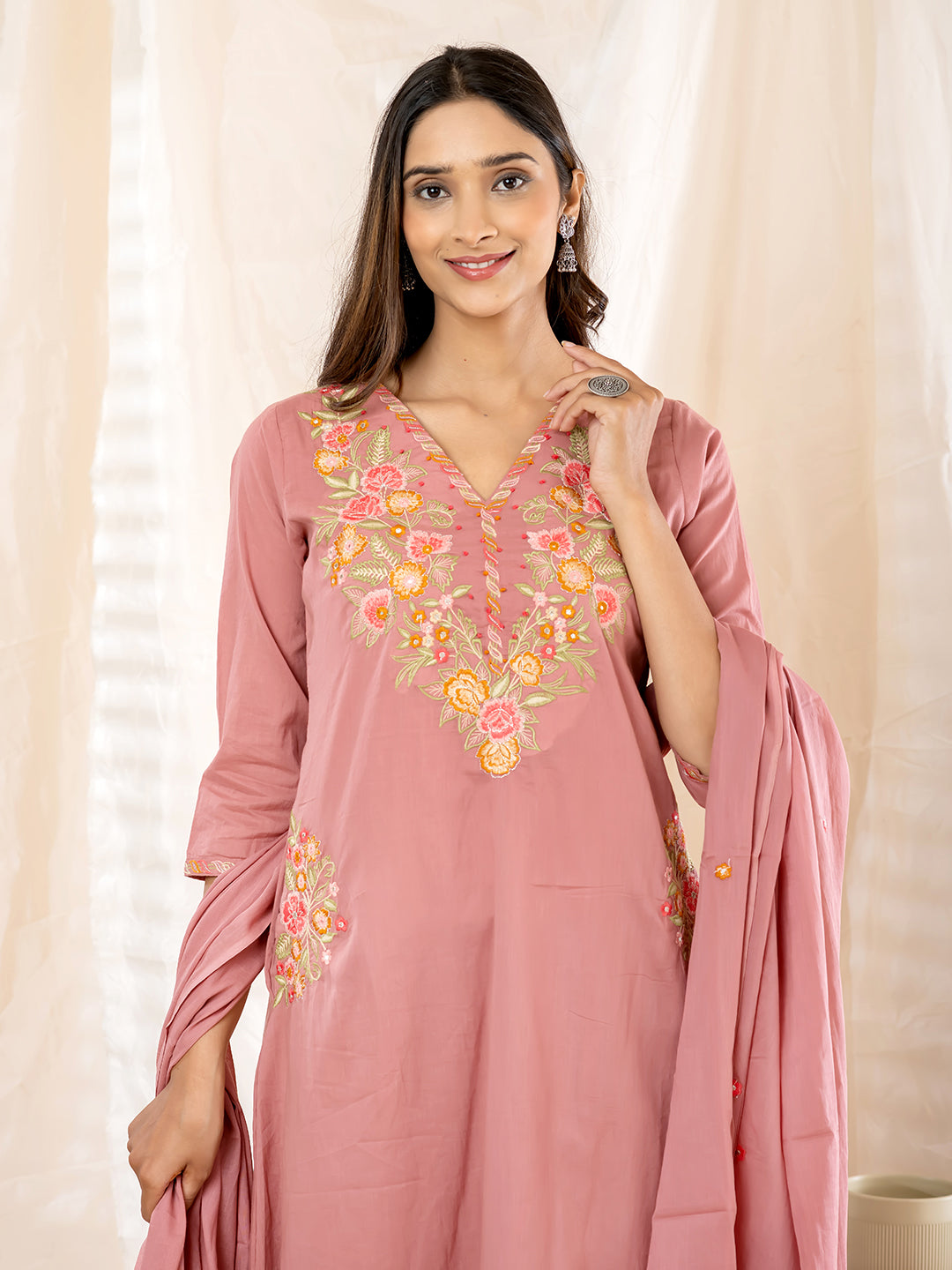 RAVIKA FLORAL EMBROIDERED 3PC SET - ROSE PINK