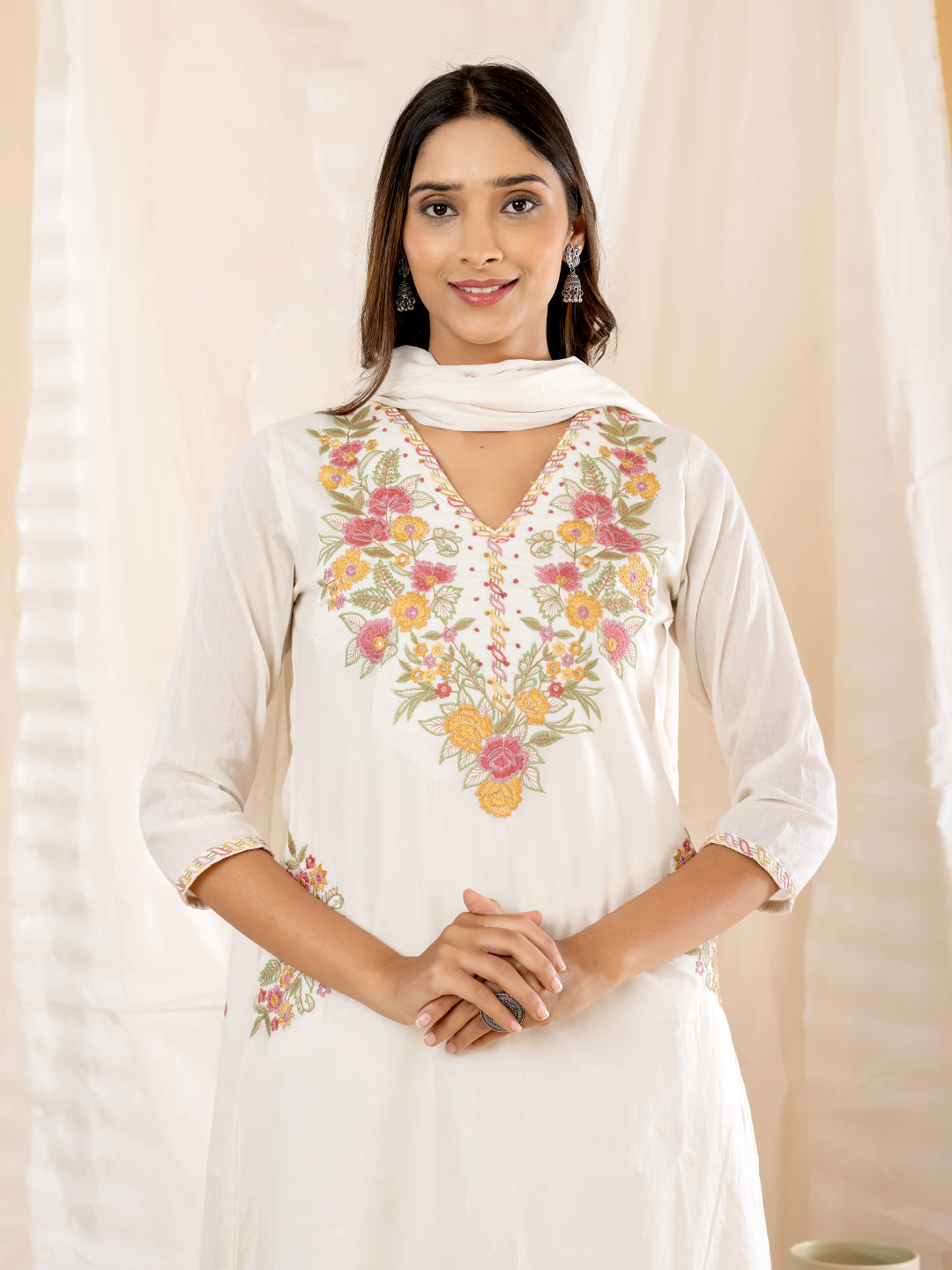 AAHANA FLORAL EMBROIDERED 3PC SET - IVORY WHITE