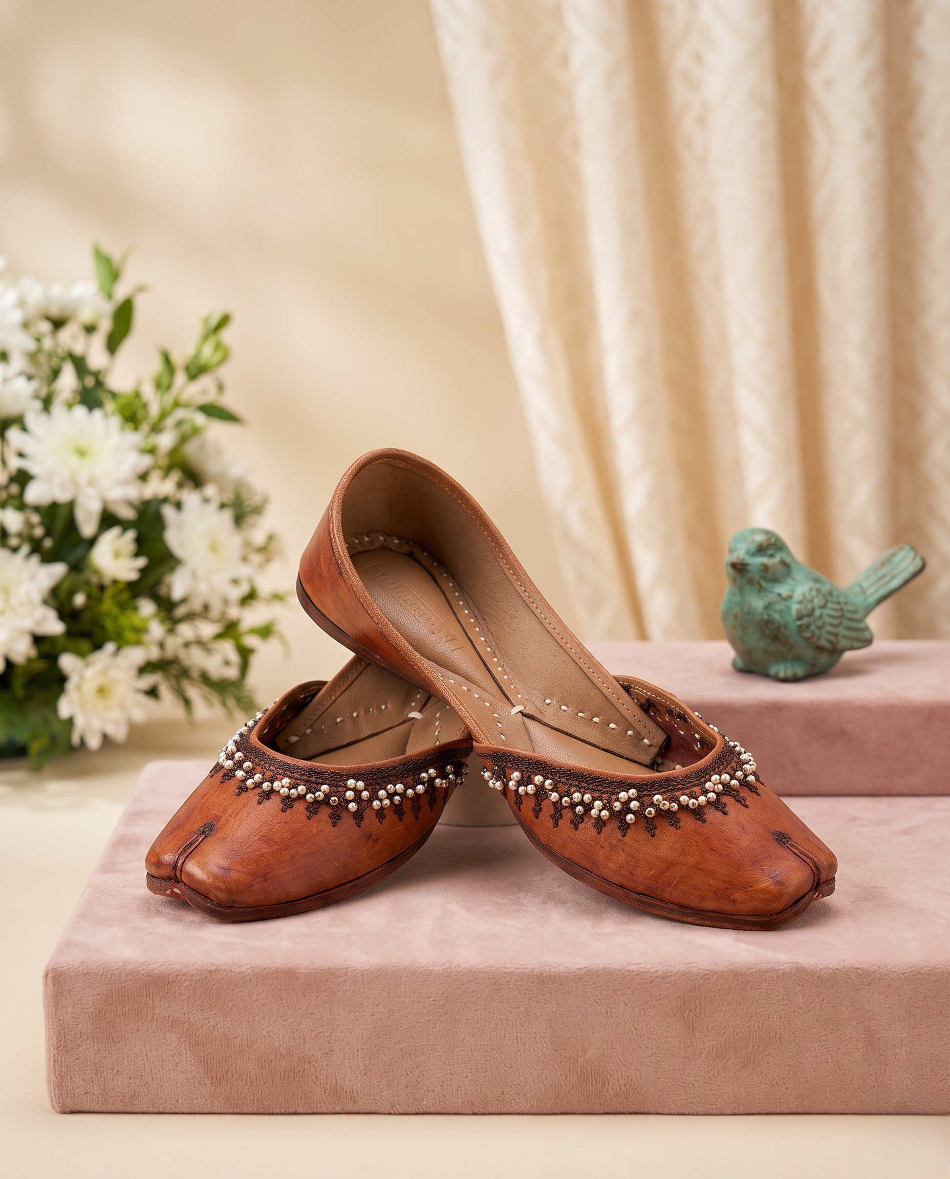 Brown Pearl Knot Pure Leather Handcrafted Jutti