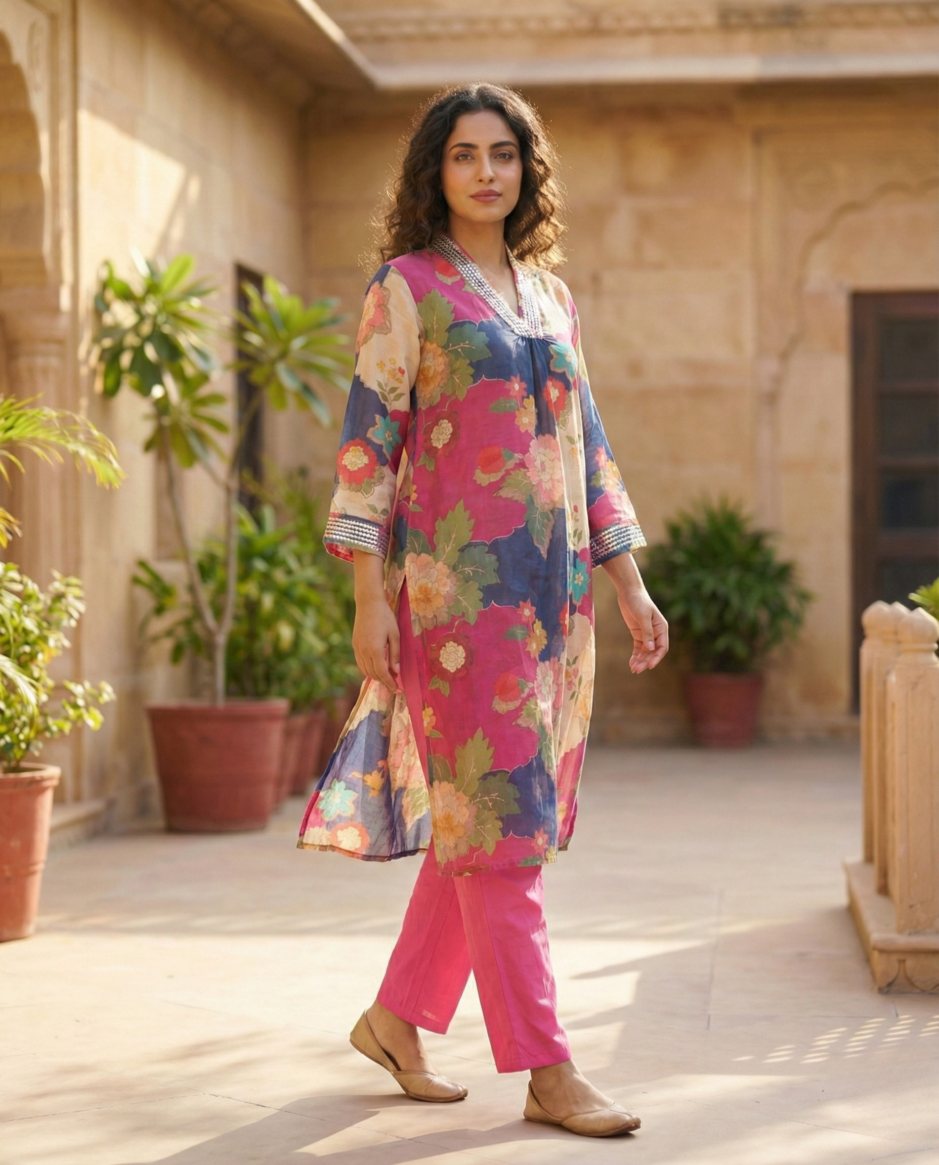 Abstract Multi-color Floral Muslin KP set