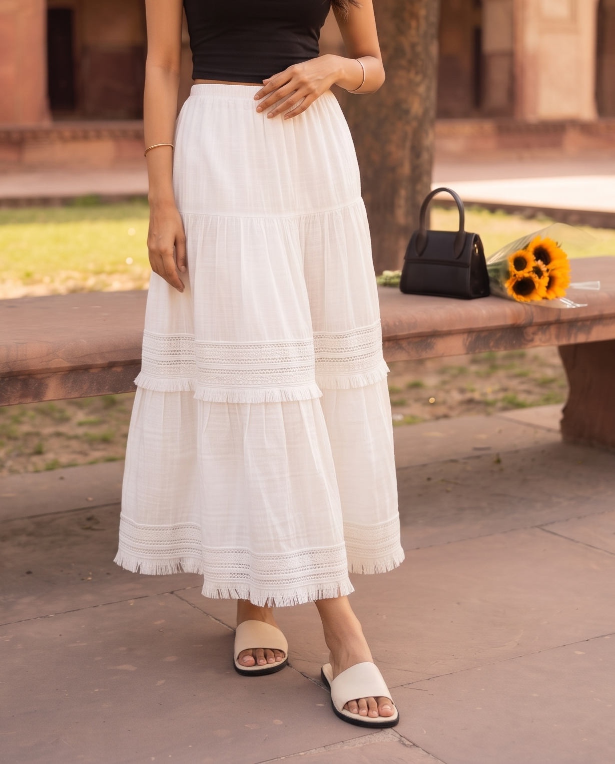 Calista Fringe Tiered Skirt – Ivory White