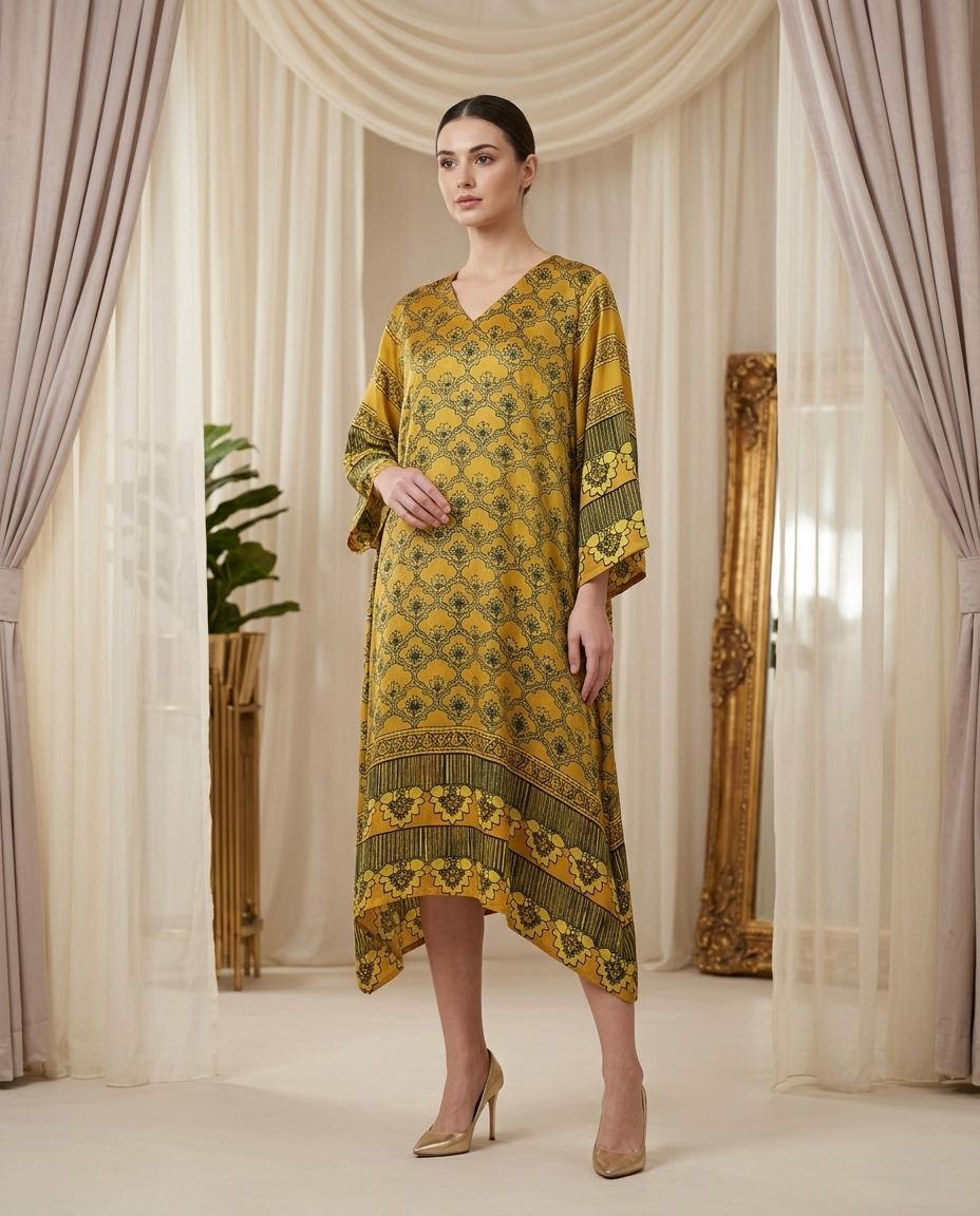 MOSAIC POINT MODAL SILK LIGHT YELLOW AJRAKH KURTA (HANDBLOCK)