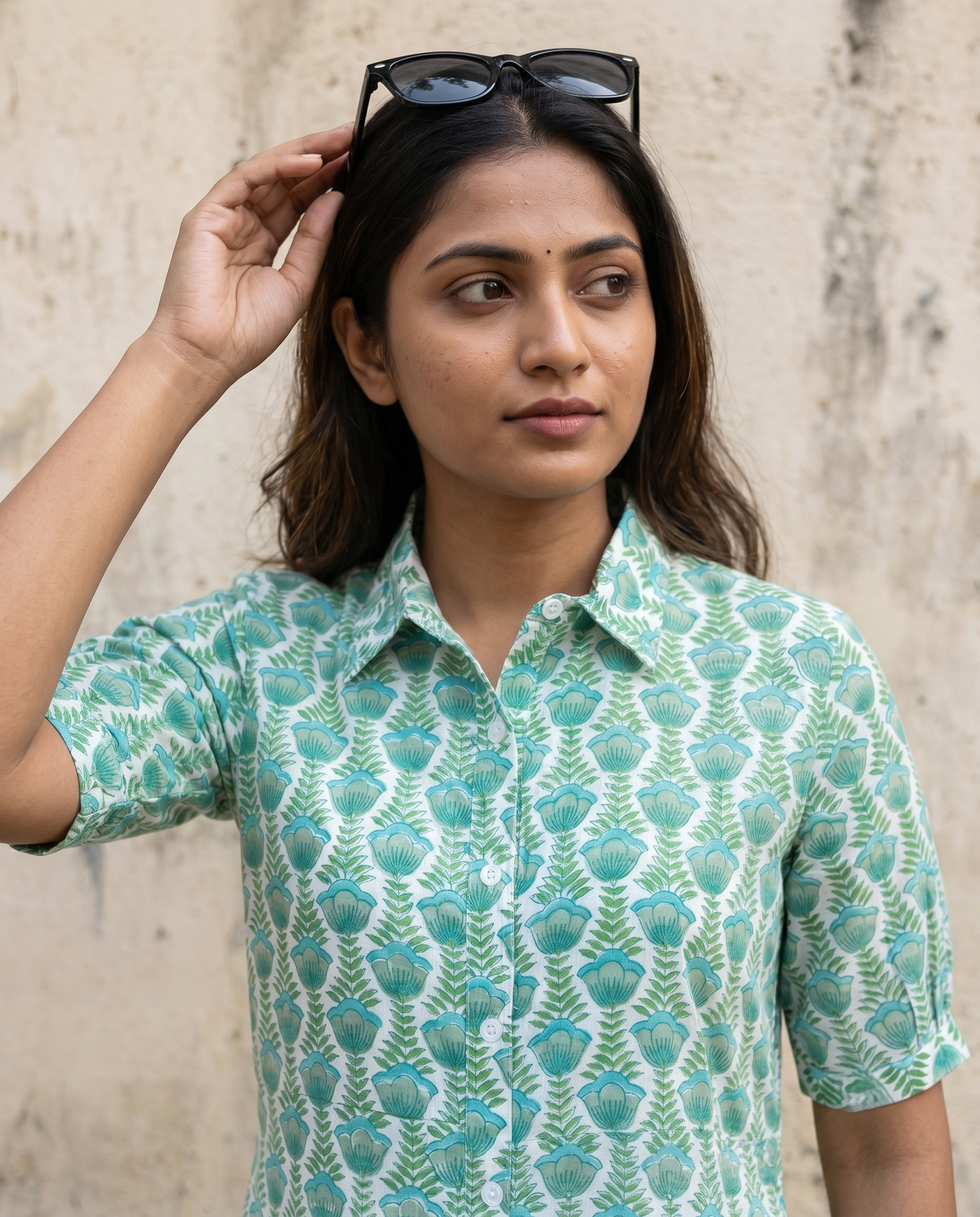 GREEN COLLAR BELT DRESS (HANDBLOCK)