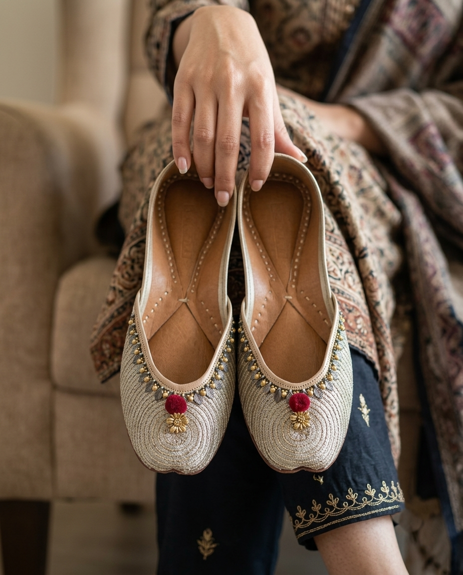 SUNEHRI ZARDOZI PURE LEATHER GOLDEN HANDCRAFTED JUTTI