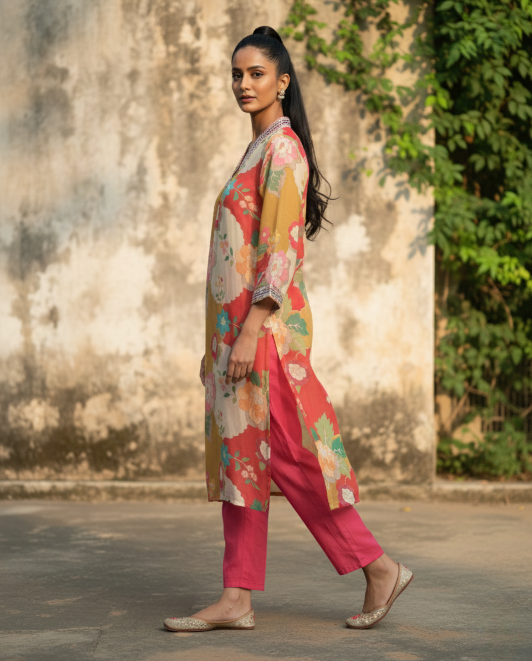 Abstract Mustard coral Floral Muslin KP set