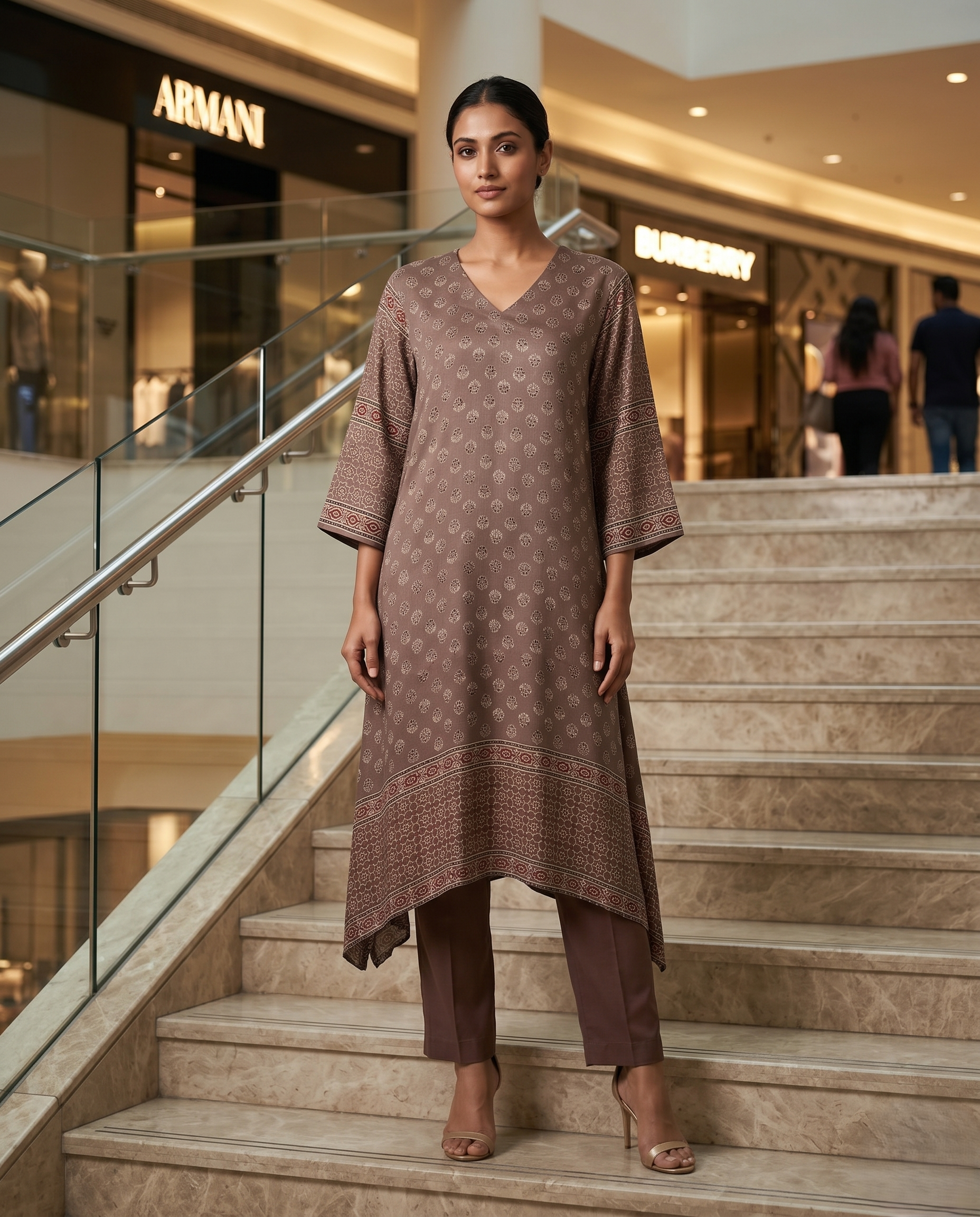 MOSAIC POINT MODAL SILK BROWN AJRAKH DRESS (HANDBLOCK)