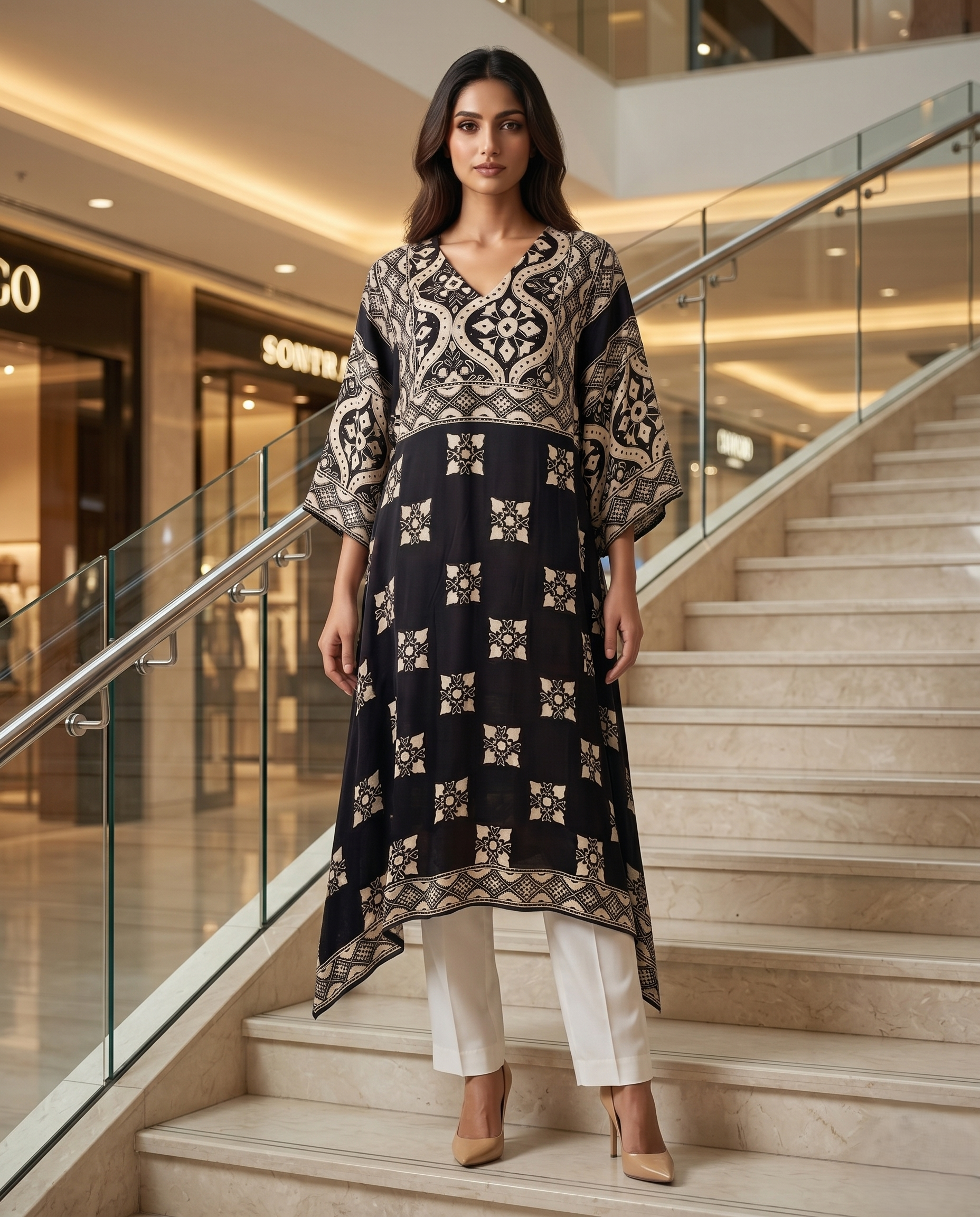 MOSAIC POINT MODAL SILK BLACK AJRAKH DRESS (HANDBLOCK)