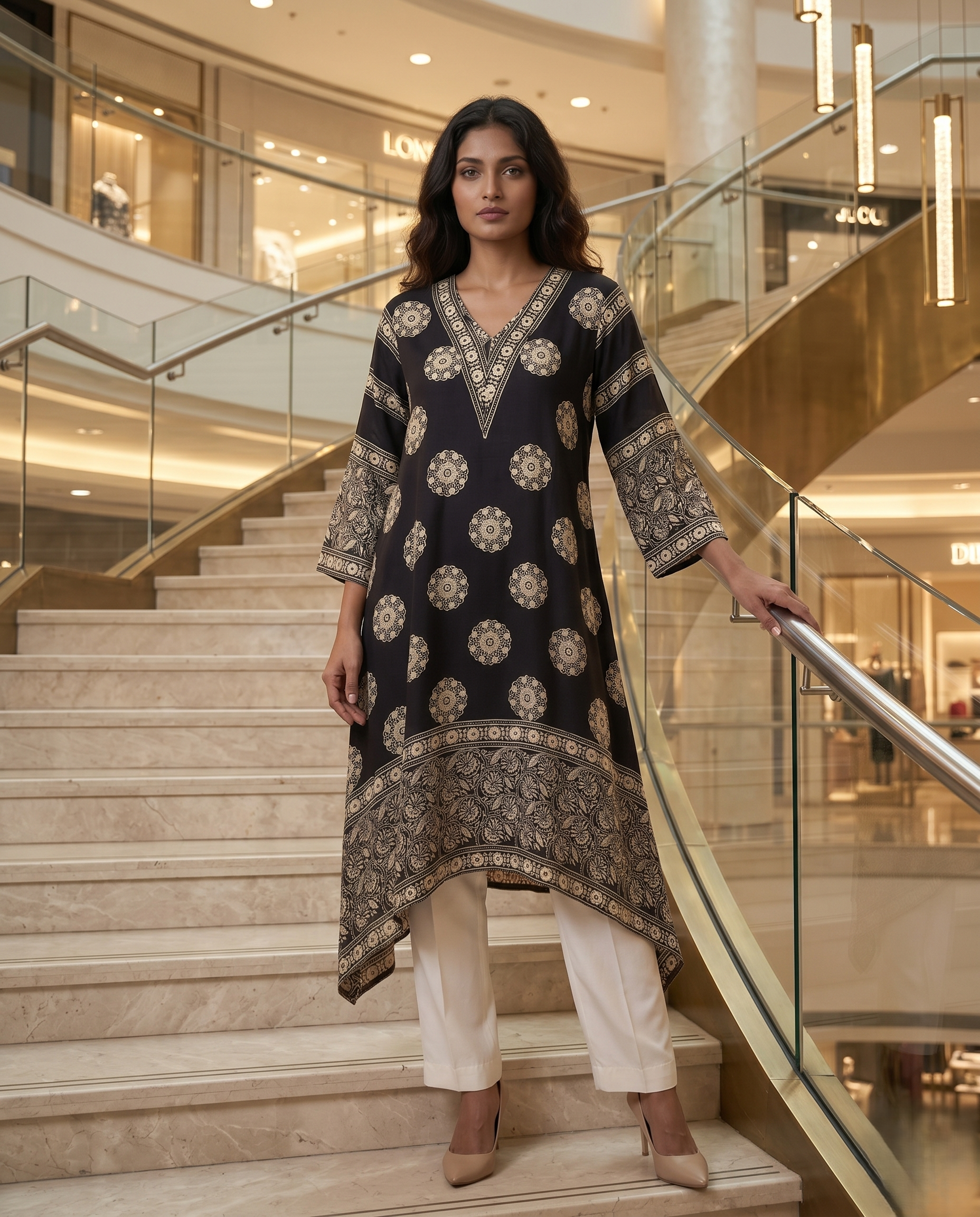 MOSAIC POINT MODAL SILK BLACK AJRAKH DRESS (HANDBLOCK)