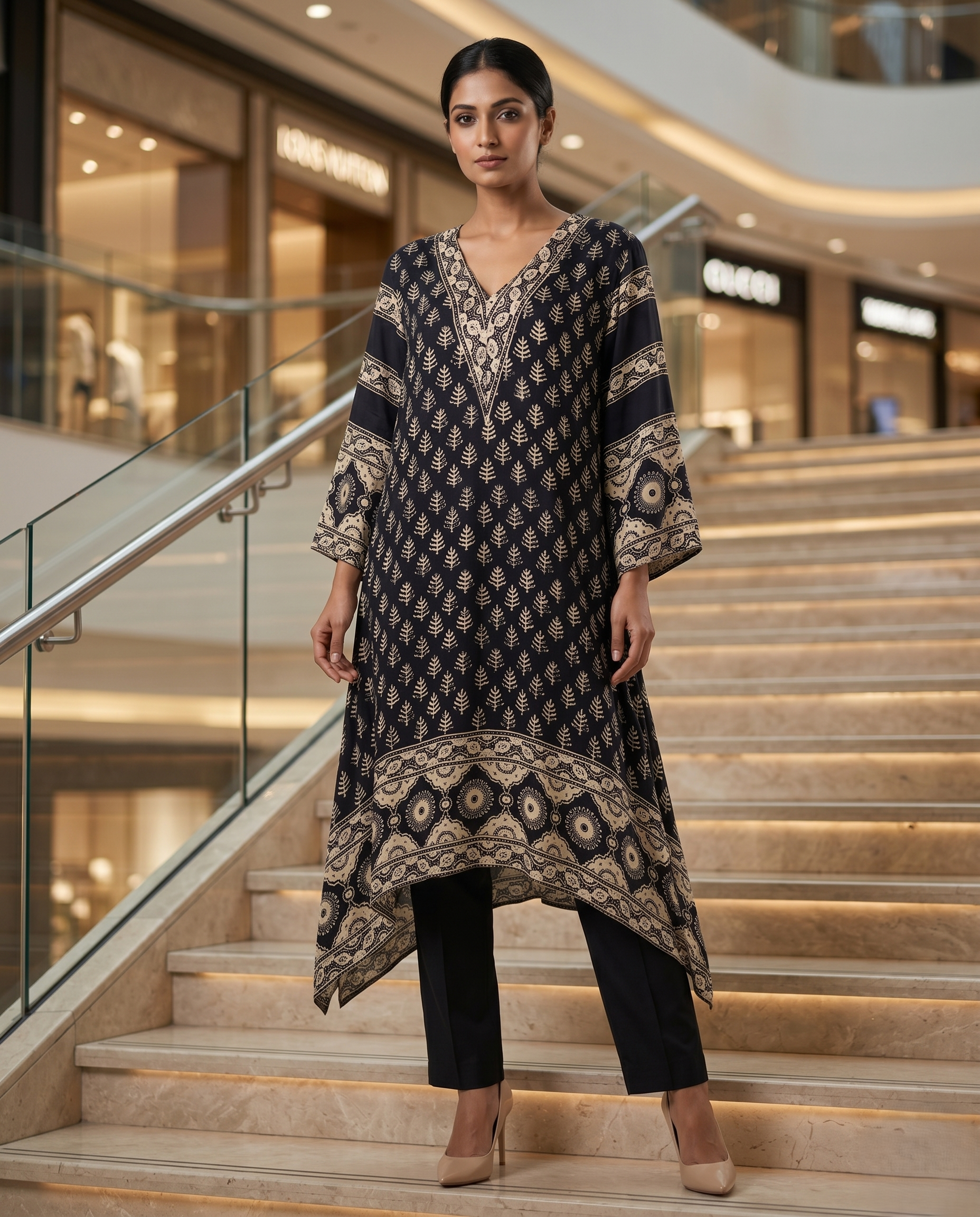 MOSAIC POINT MODAL SILK BLACK AJRAKH DRESS (HANDBLOCK)