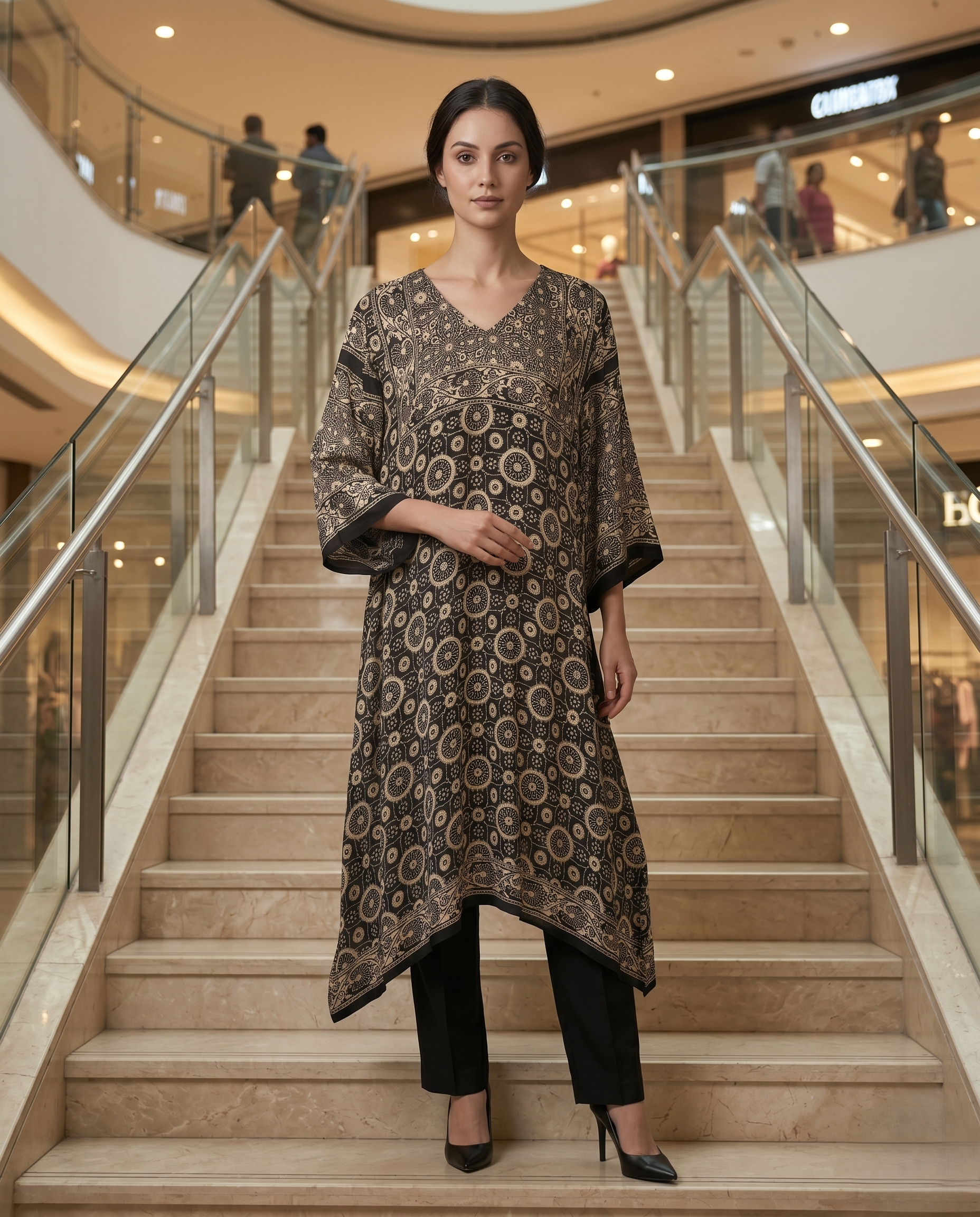 MOSAIC POINT MODAL SILK BLACK AJRAKH DRESS (HANDBLOCK)