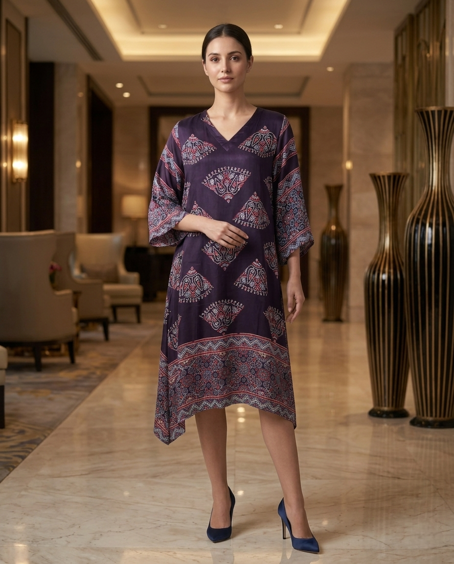 MOSAIC POINT MODAL SILK BLACK AJRAKH KURTA (HANDBLOCK)