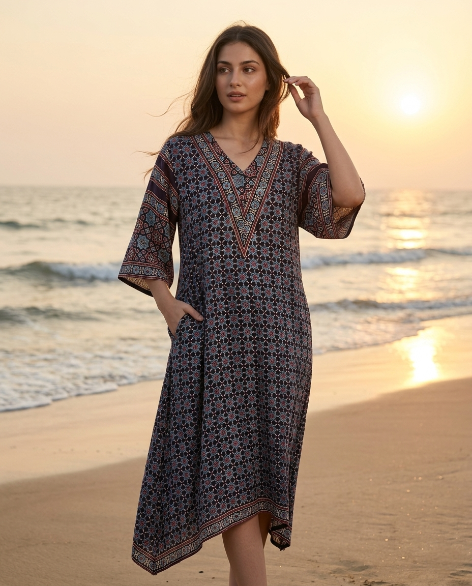 MOSAIC POINT MODAL SILK BLACK AJRAKH KURTA (HANDBLOCK)