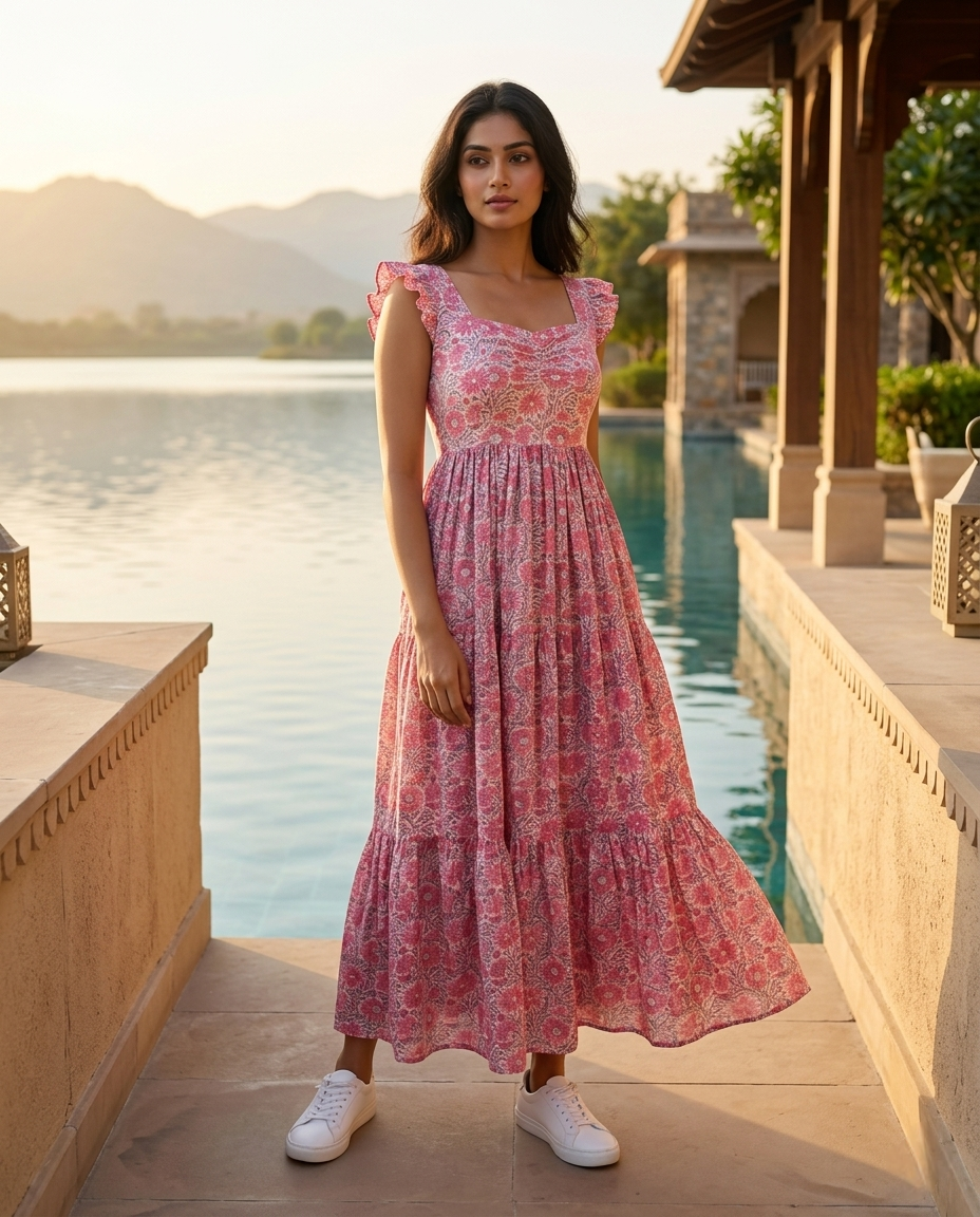 FRILL FLARE COTTON  PINK DRESS (HANDBLOCK)