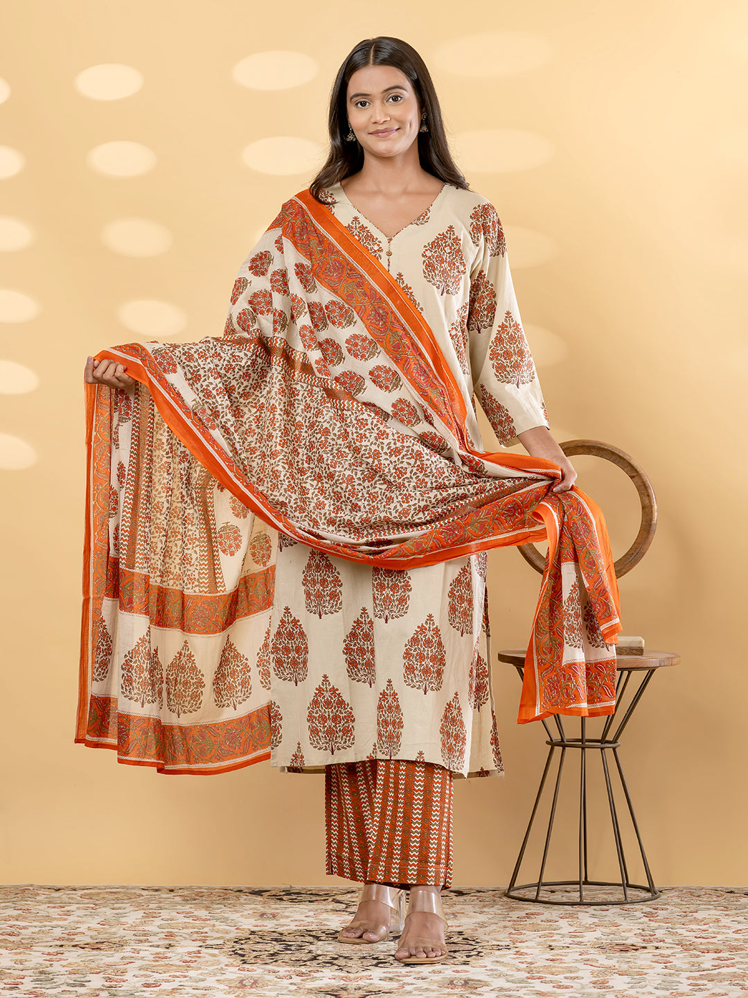 AVYARA BOTANICAL PRINTED 3PC SET - IVORY ORANGE