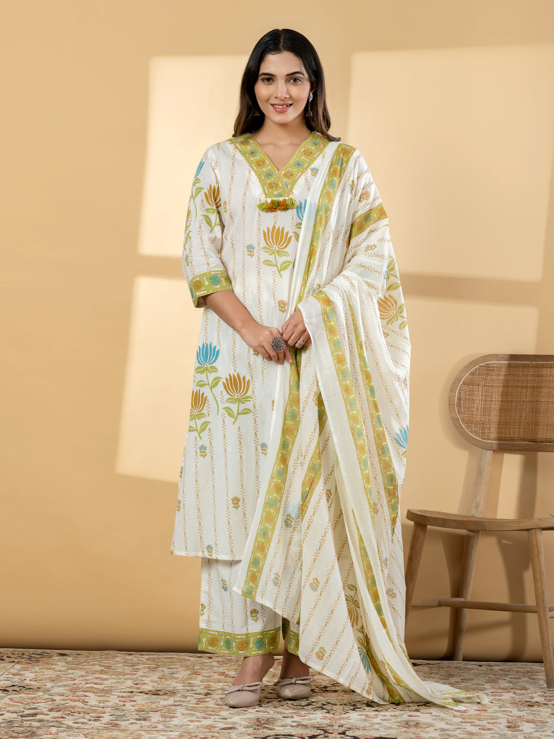 TAVISHA FLORAL PRINTED 3PC SET - IVORY GREEN