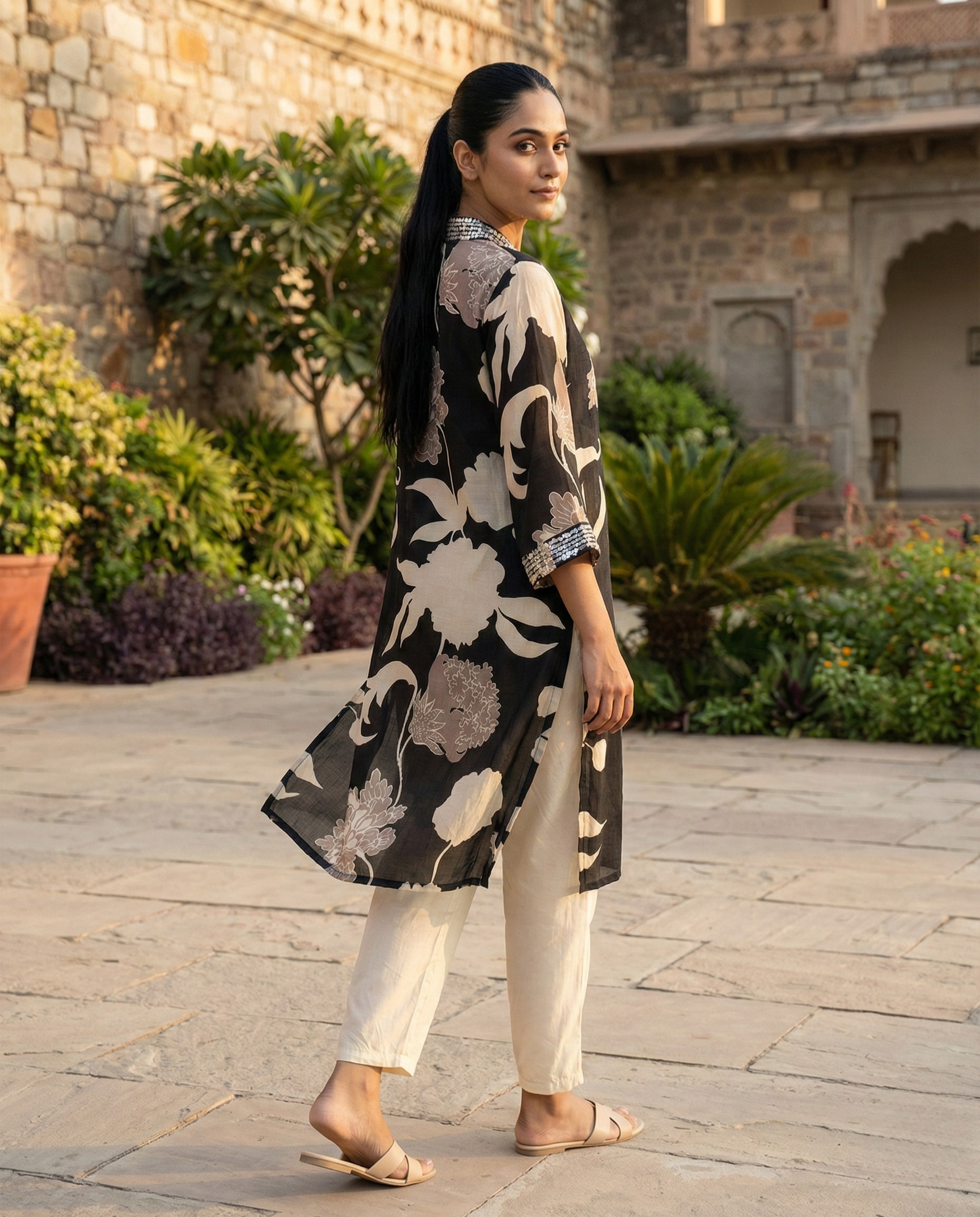 Abstract Black White Floral Muslin KP set