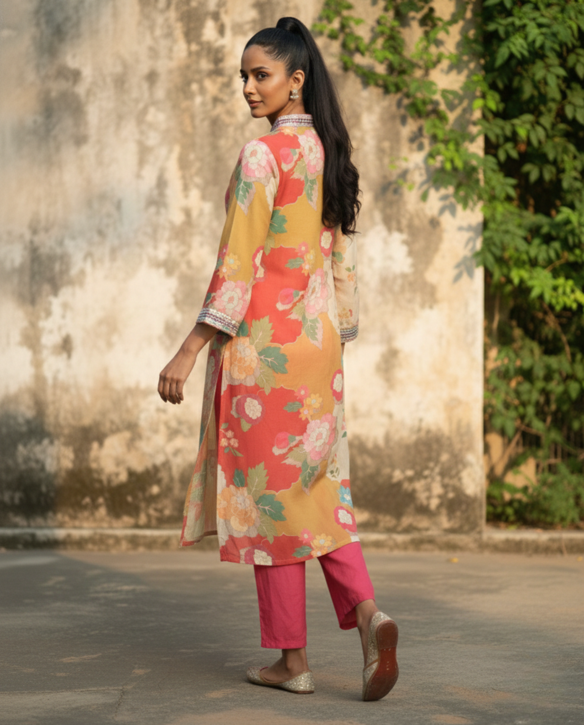 Abstract Mustard coral Floral Muslin KP set