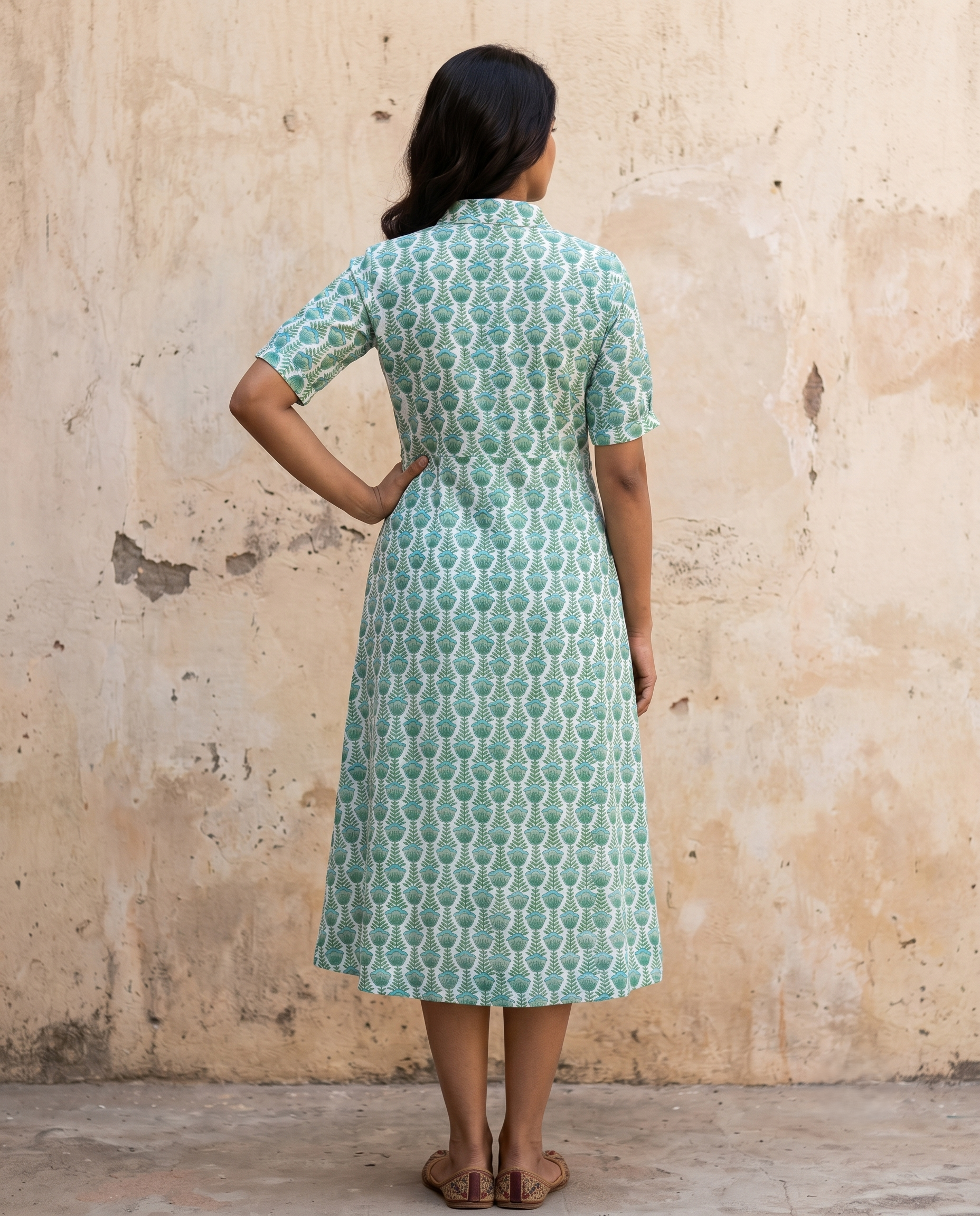 GREEN COLLAR BELT DRESS (HANDBLOCK)