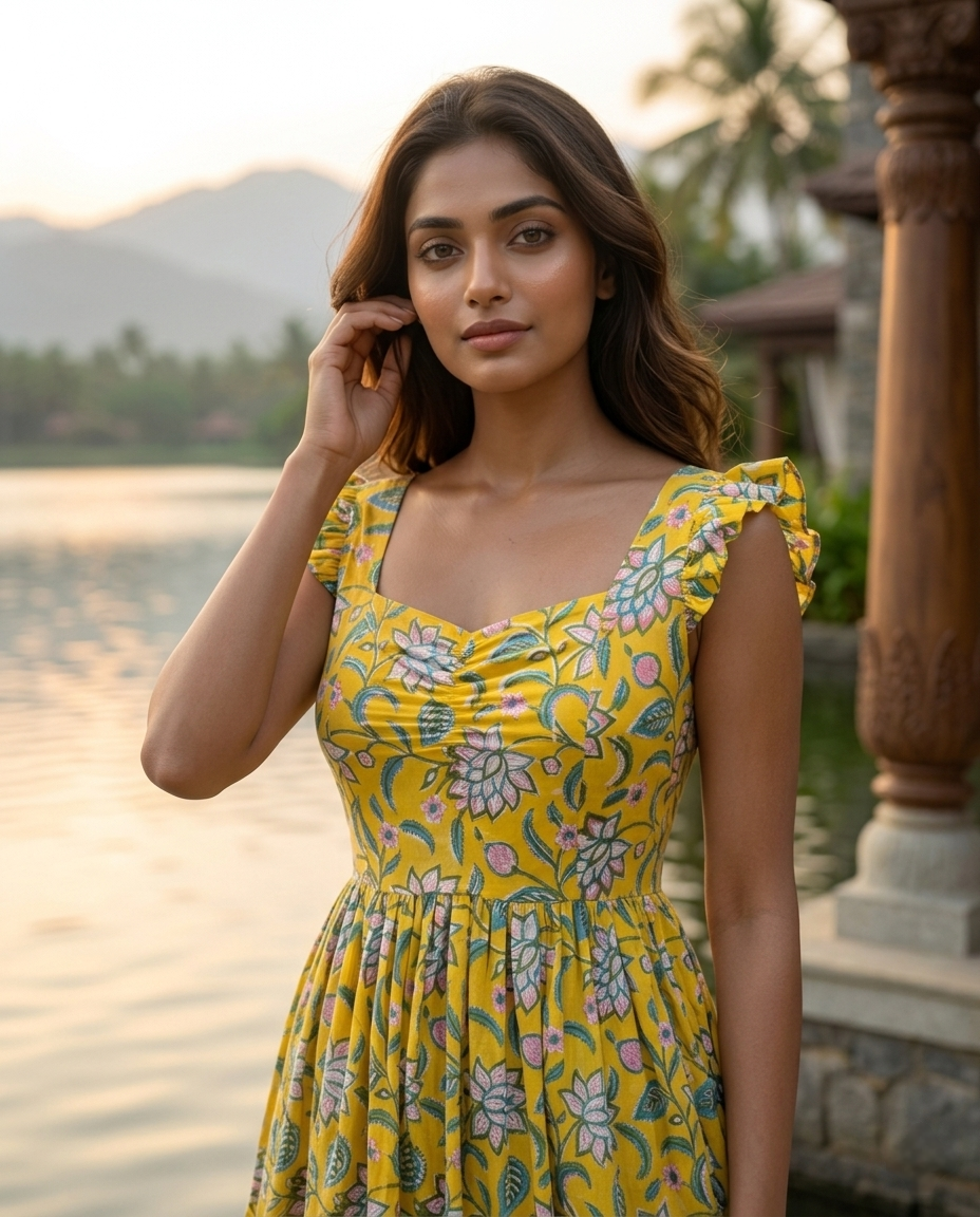 FRILL FLARE COTTON  YELLOW DRESS (HANDBLOCK)