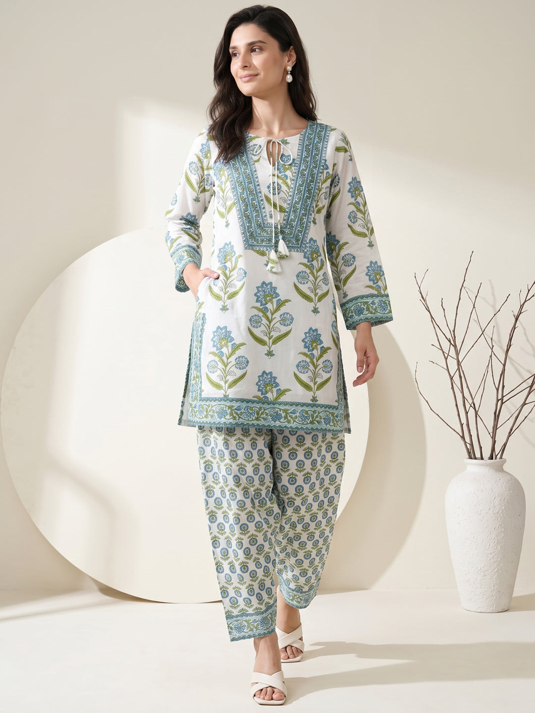 Azure Bloom Handblock 3Pc Set – Ivory Blue