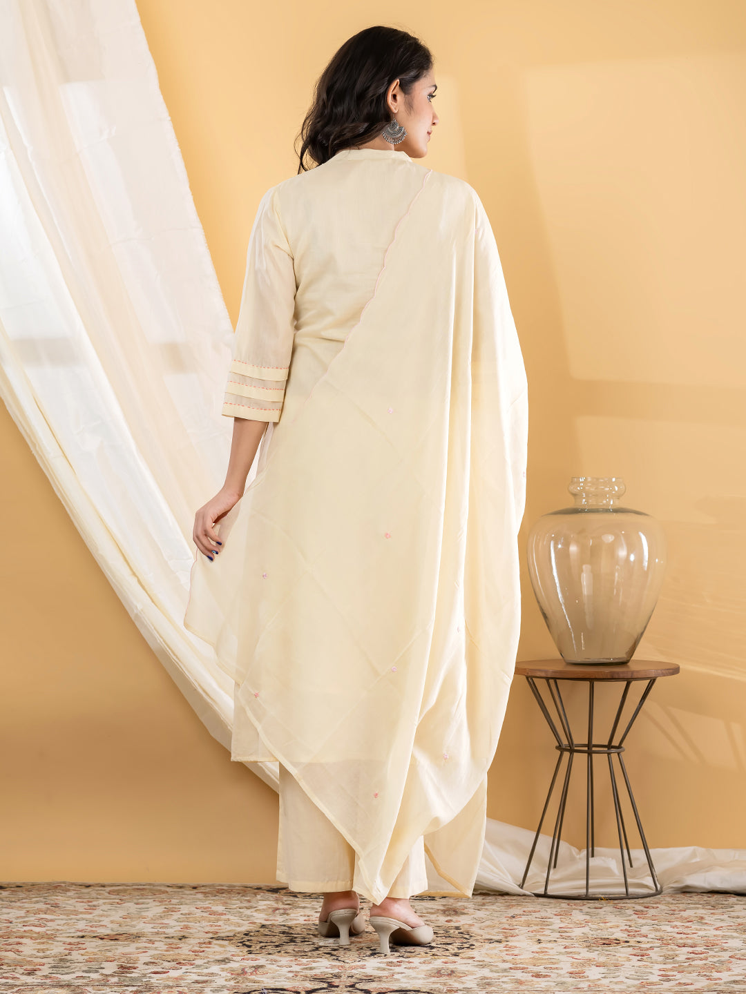 Aabha Floral Embroidered 3Pc Set – Ivory Cream