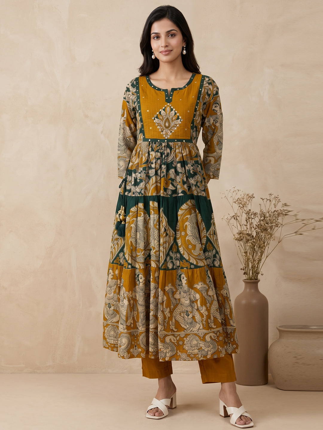Vrinda Kalamkari 3Pc Set – Forest Green