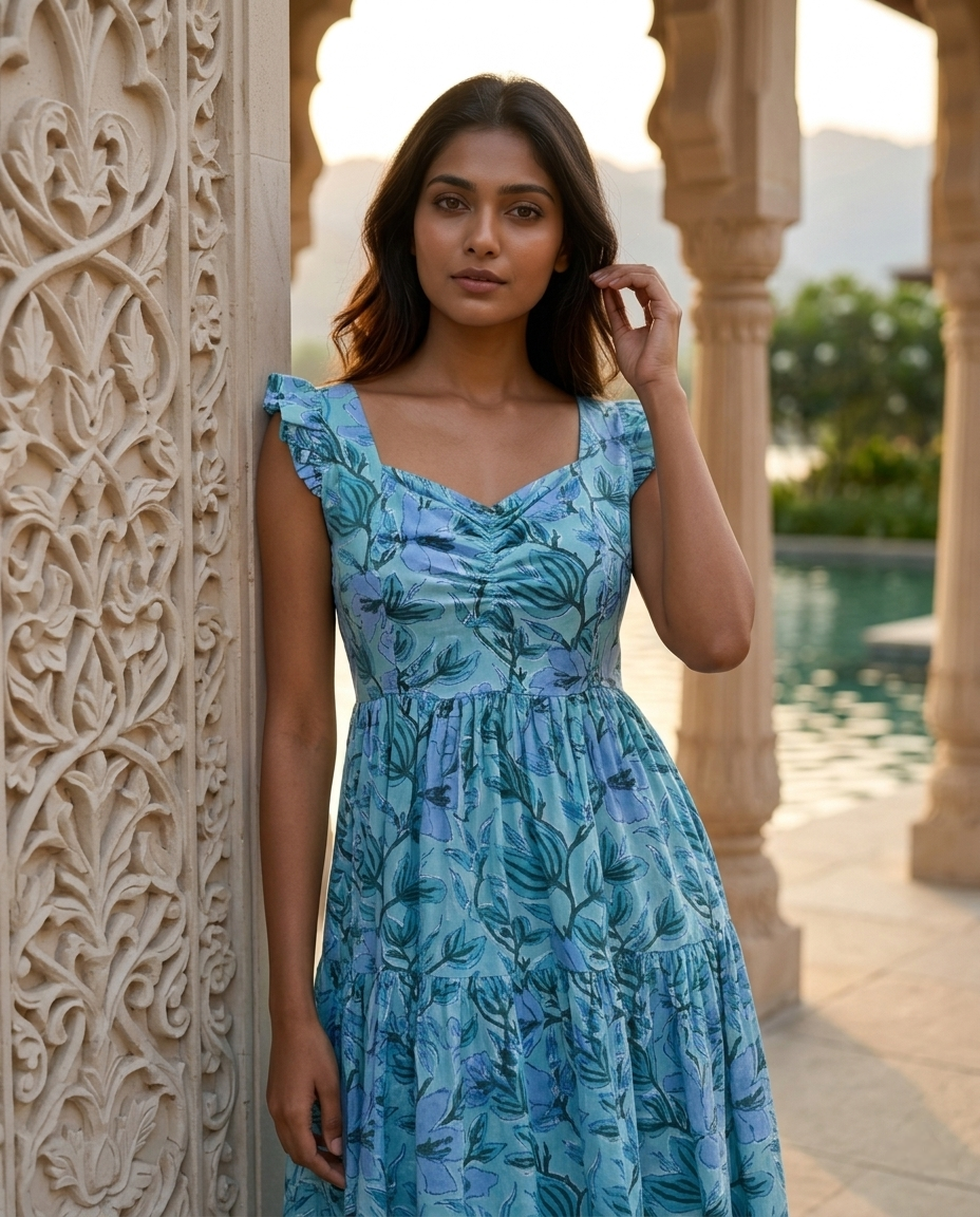 FRILL FLARE COTTON  SKY BLUE DRESS (HANDBLOCK)
