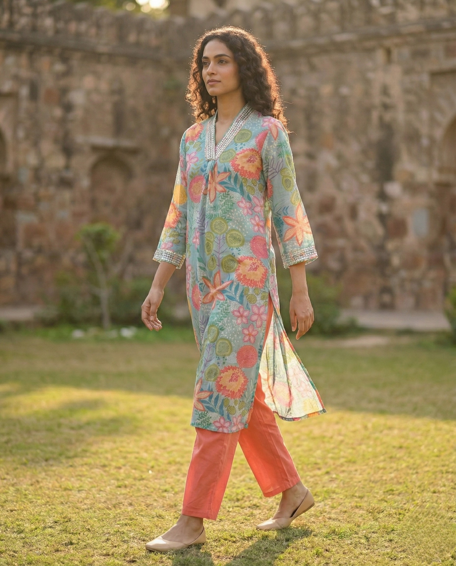 Abstract Blue Orange Floral Muslin KP set