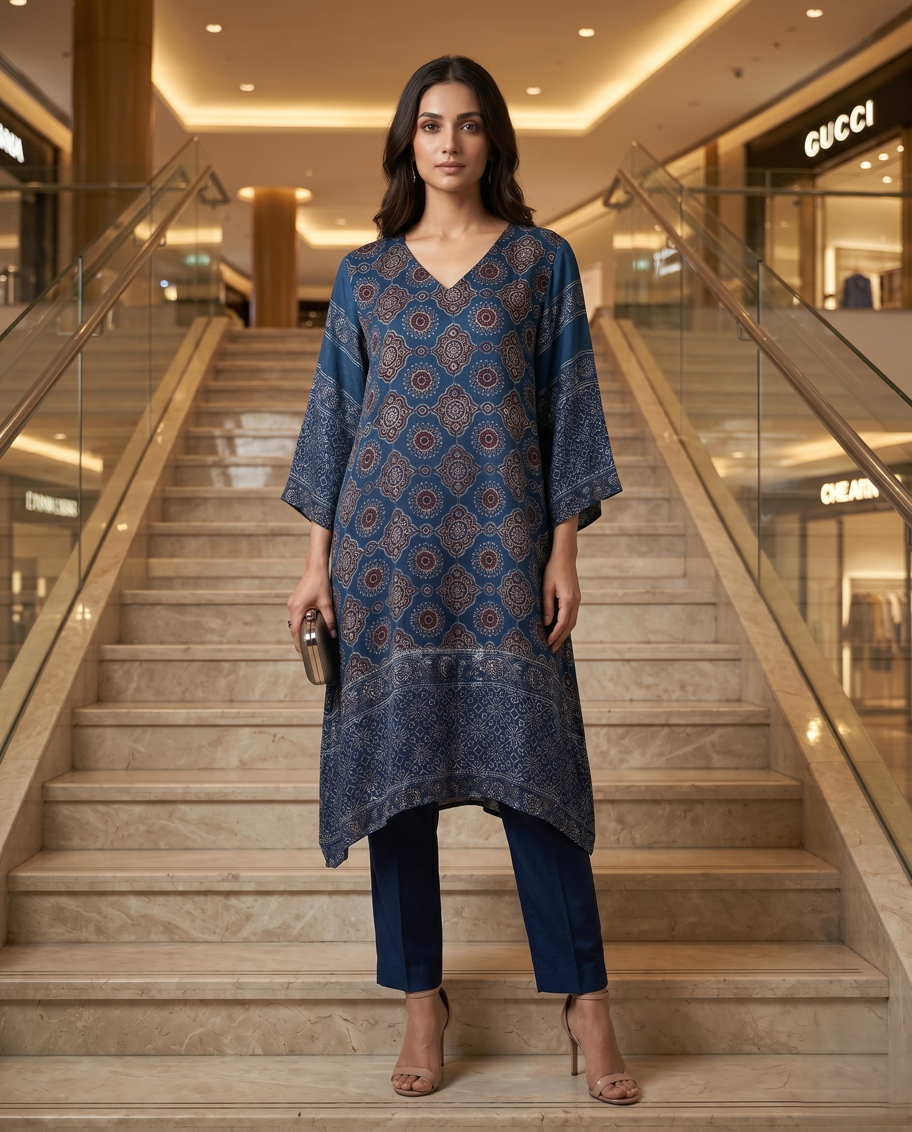 MOSAIC POINT MODAL SILK BLUE AJRAKH DRESS (HANDBLOCK)