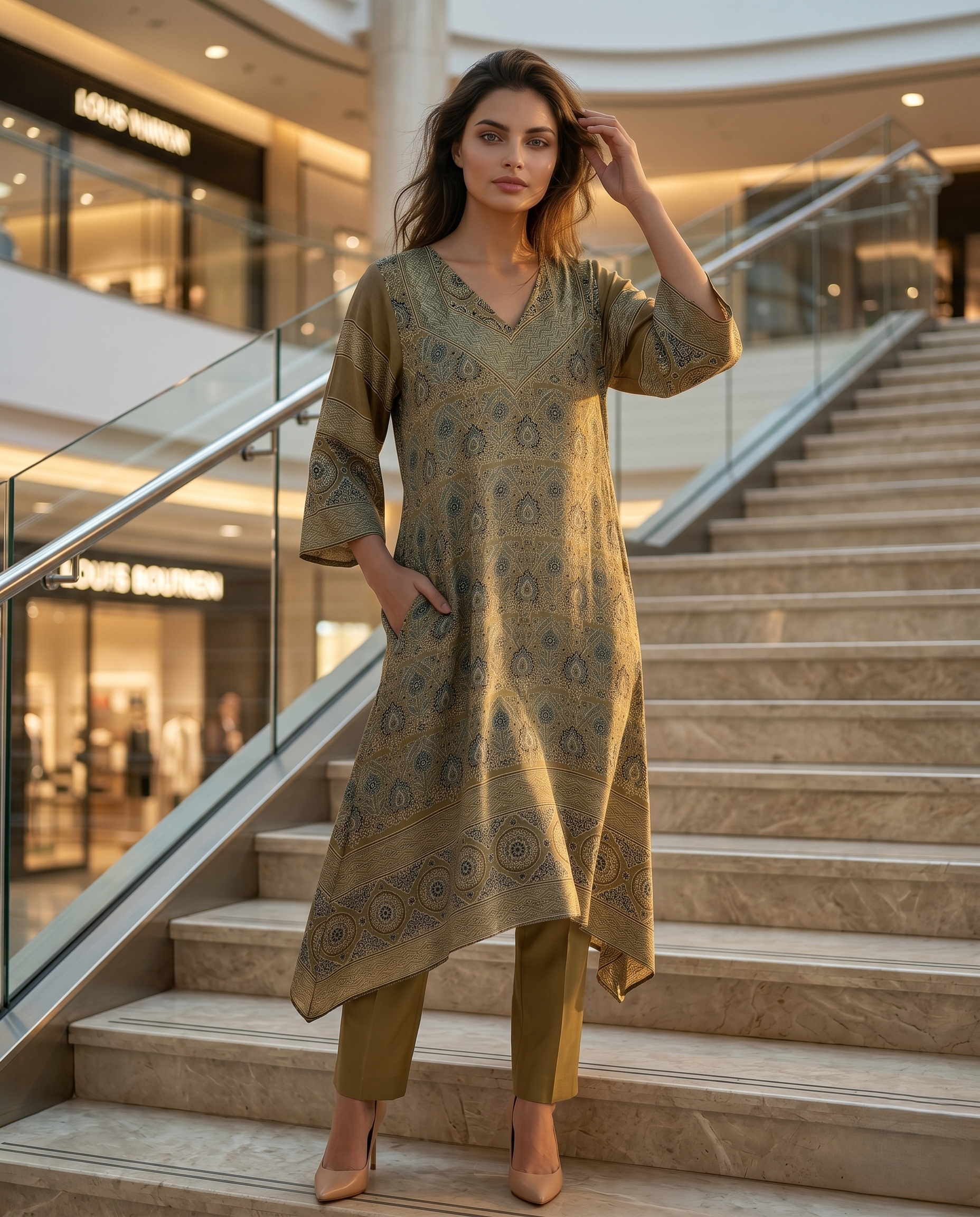 MOSAIC POINT MODAL SILK BROWN AJRAKH DRESS (HANDBLOCK)