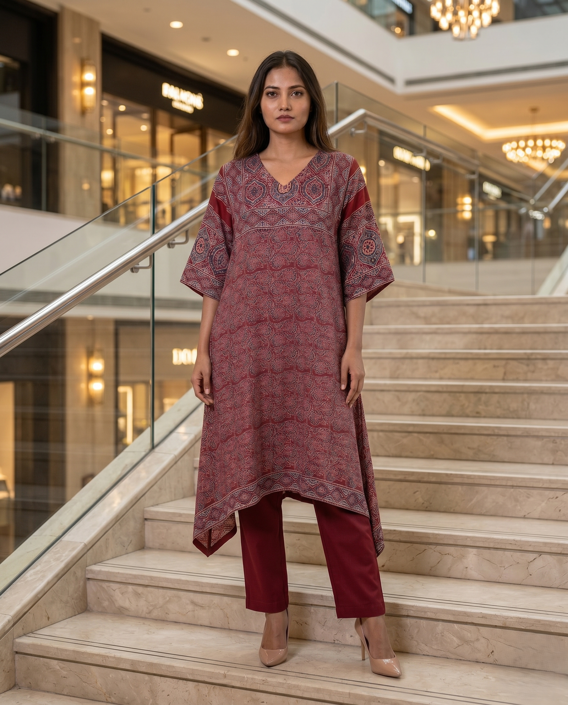 MOSAIC POINT MODAL SILK RED AJRAKH DRESS (HANDBLOCK)