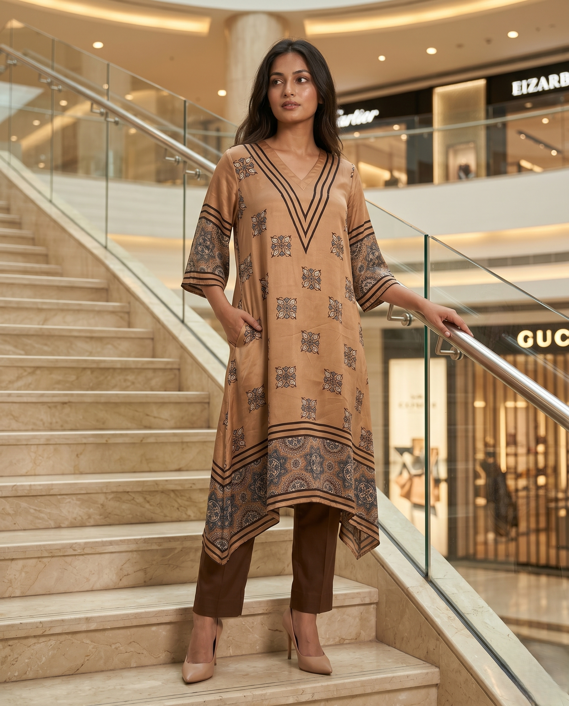 MOSAIC POINT MODAL SILK CHARCOAL GREY AJRAKH DRESS (HANDBLOCK)