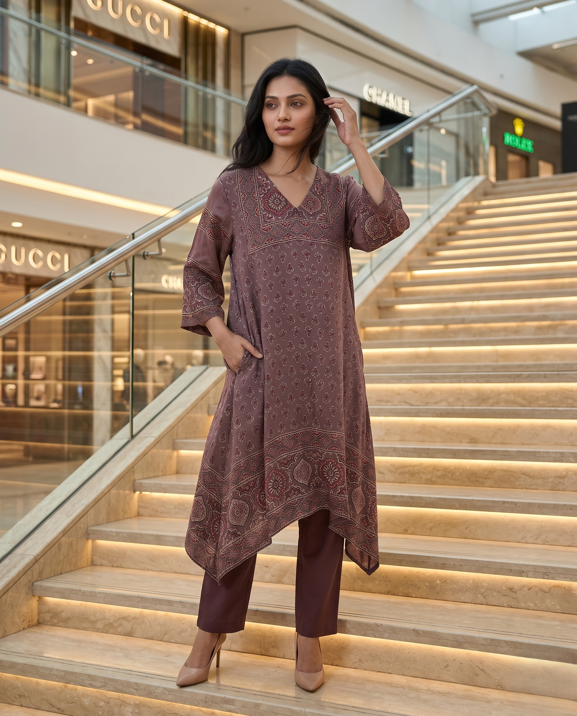 MOSAIC POINT MODAL SILK GREY AJRAKH DRESS (HANDBLOCK)