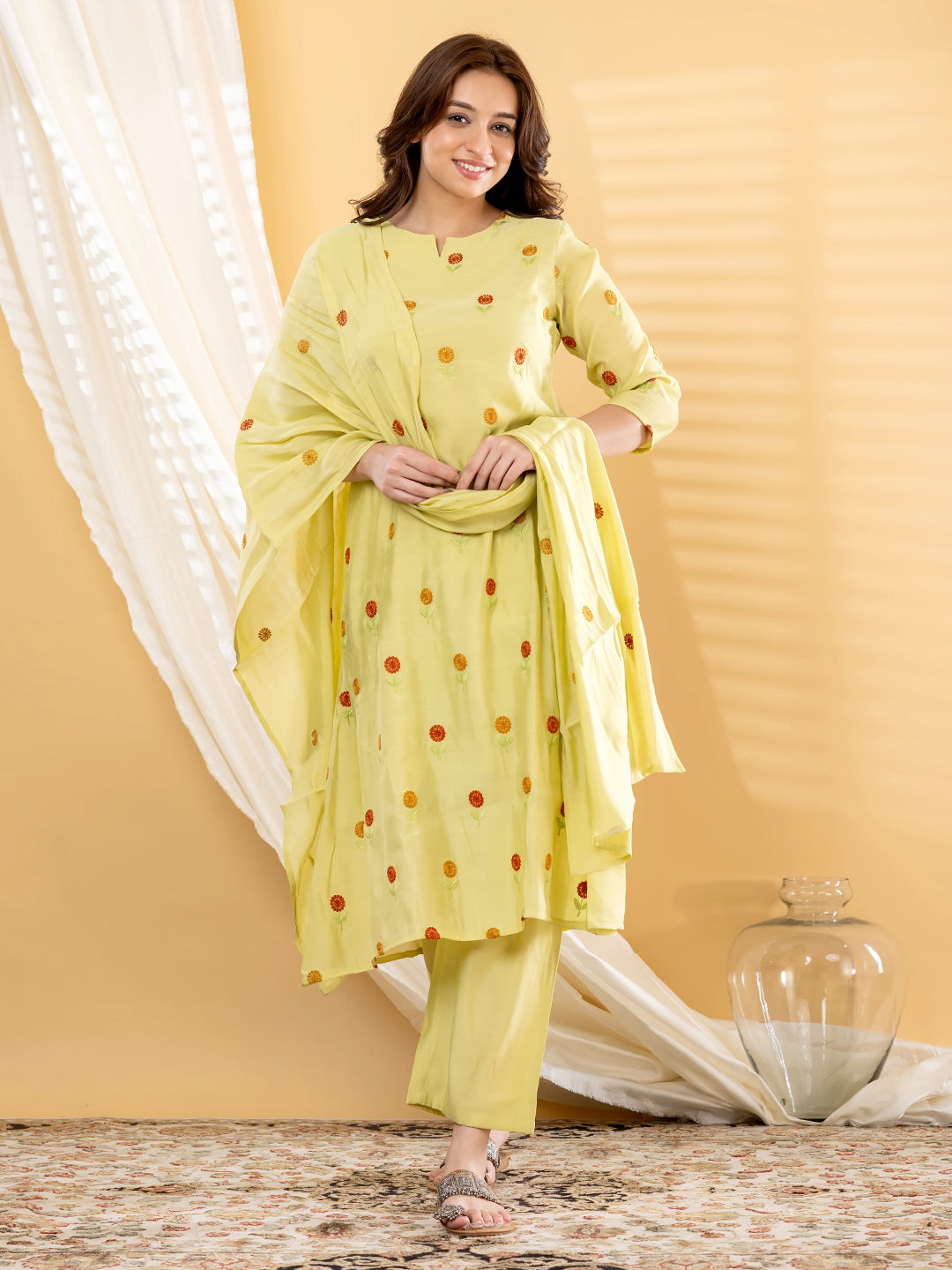 KAVIRA FLORAL PRINTED 3PC SET - LIME YELLOW