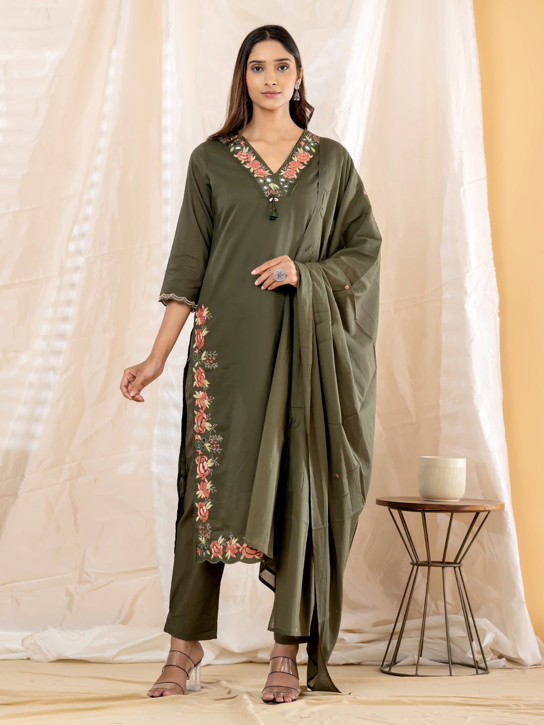 Gulrose Embroidered 3Pc Set – Olive Green