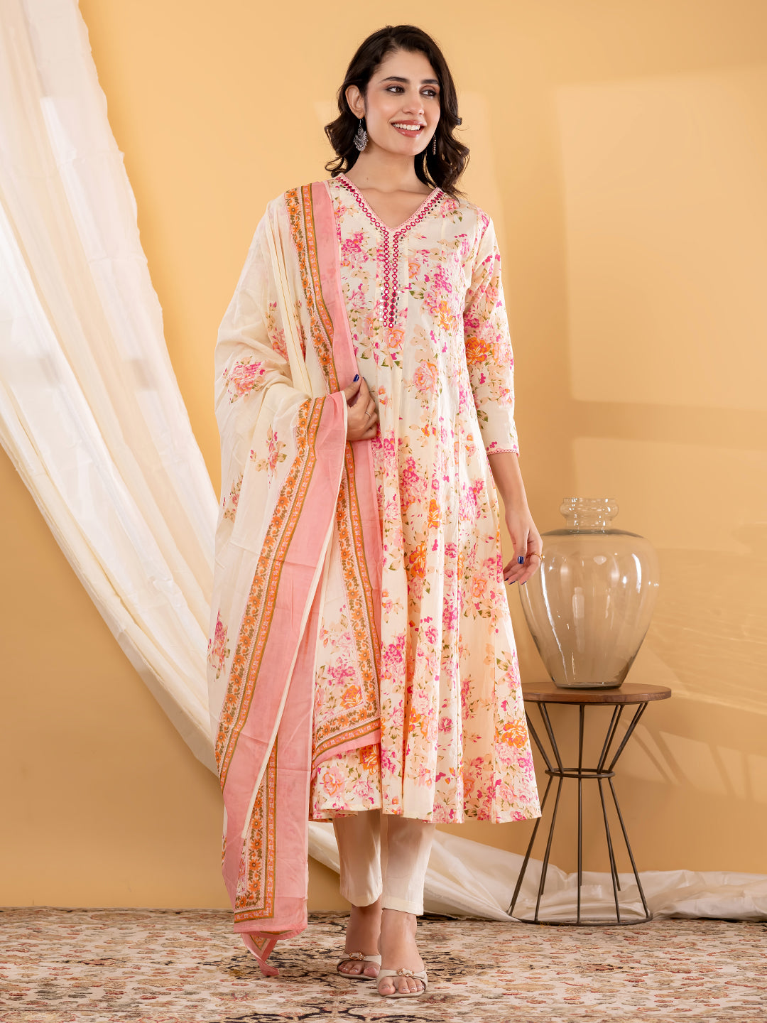 ESHANI BLOOM PRINTED 3PC SET - PEACH IVORY
