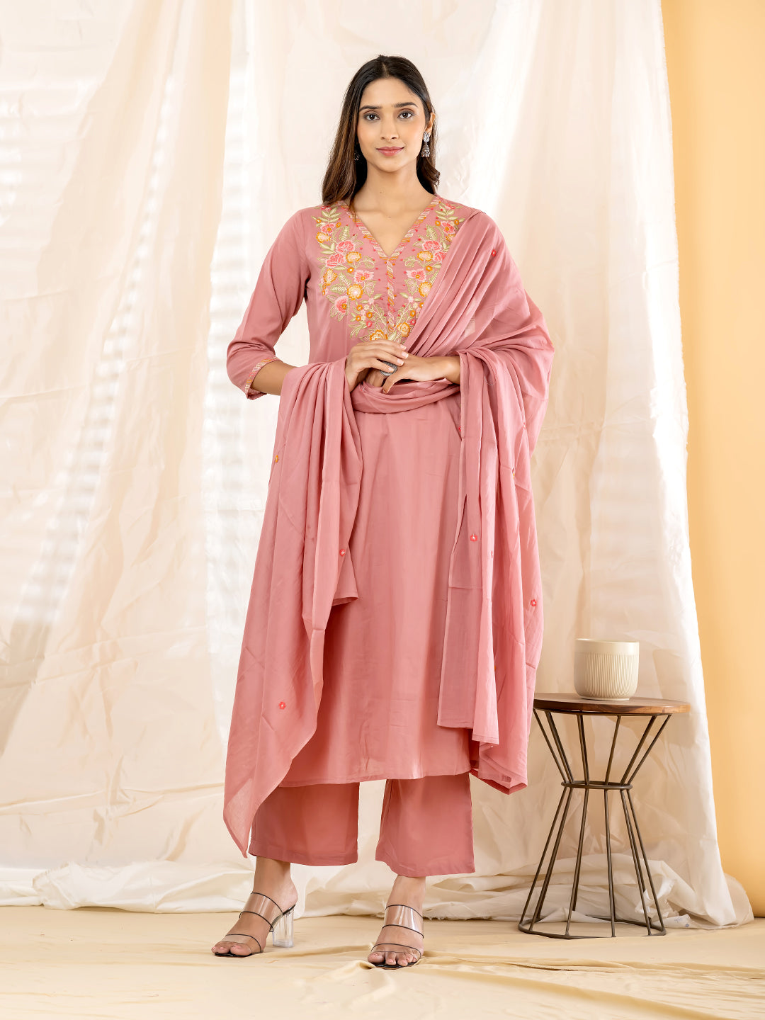RAVIKA FLORAL EMBROIDERED 3PC SET - ROSE PINK