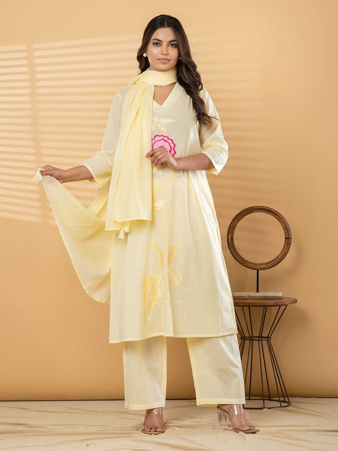 LUMIRA FLORAL EMBROIDERED 3PC SET - BUTTER YELLOW