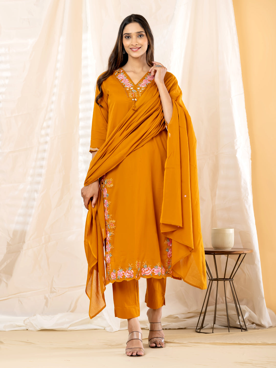 Gulrose Embroidered 3Pc Set – Mustard Gold