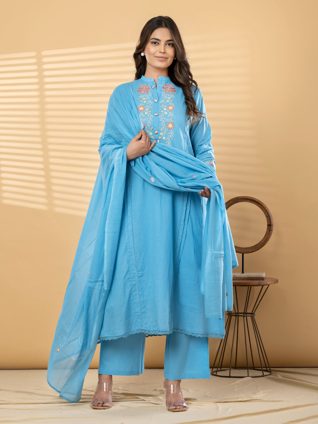 ZARIA FLORAL EMBROIDERED 3PC SET - SKY BLUE