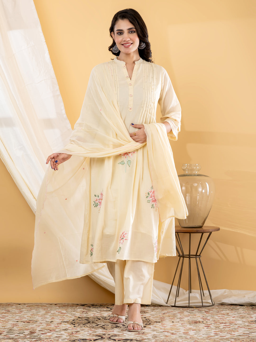 Aabha Floral Embroidered 3Pc Set – Ivory Cream