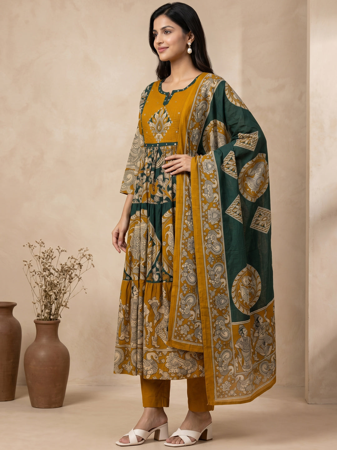 Vrinda Kalamkari 3Pc Set – Forest Green