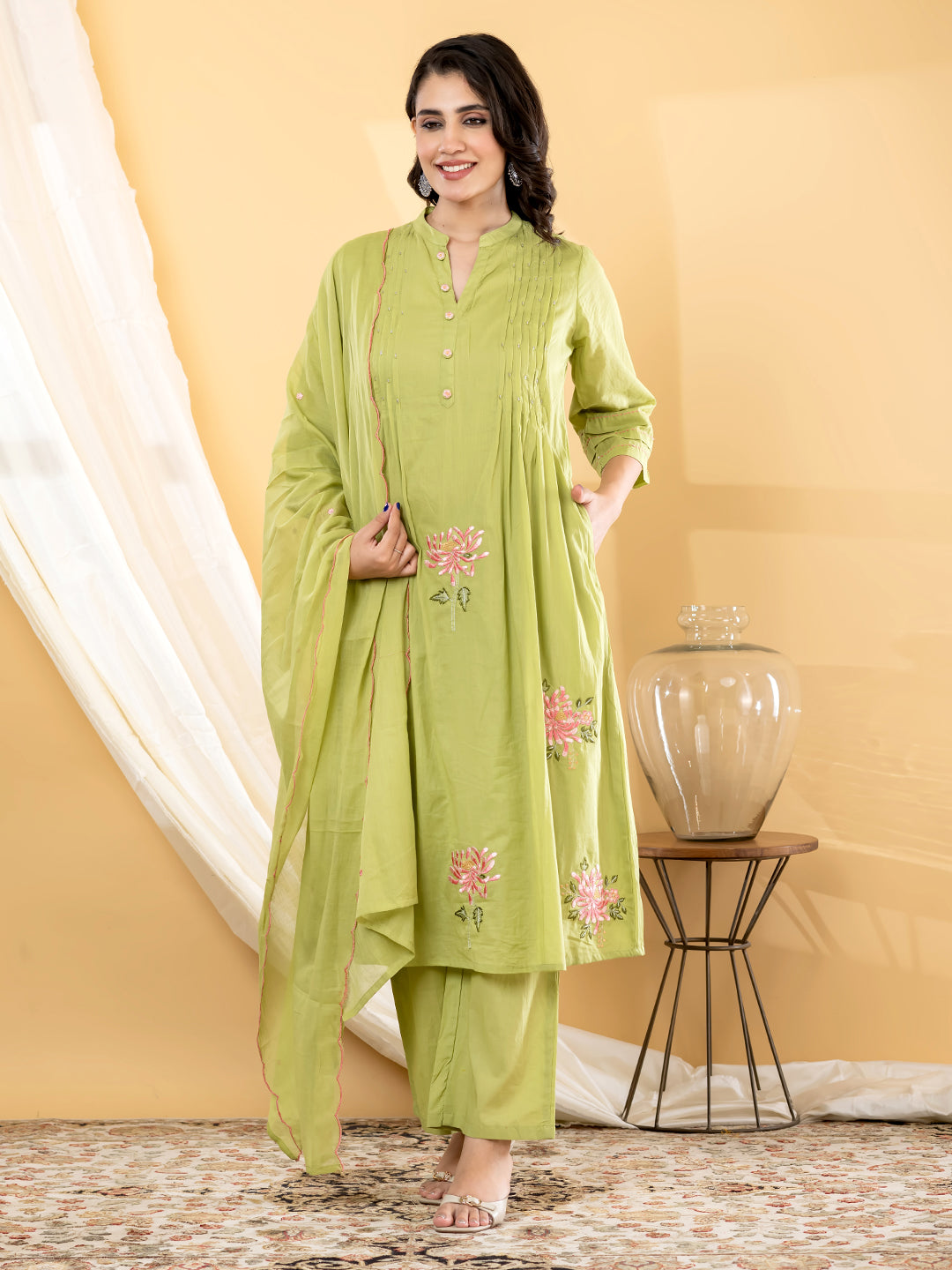 Aabha Floral Embroidered 3Pc  Set – Pistachio Green